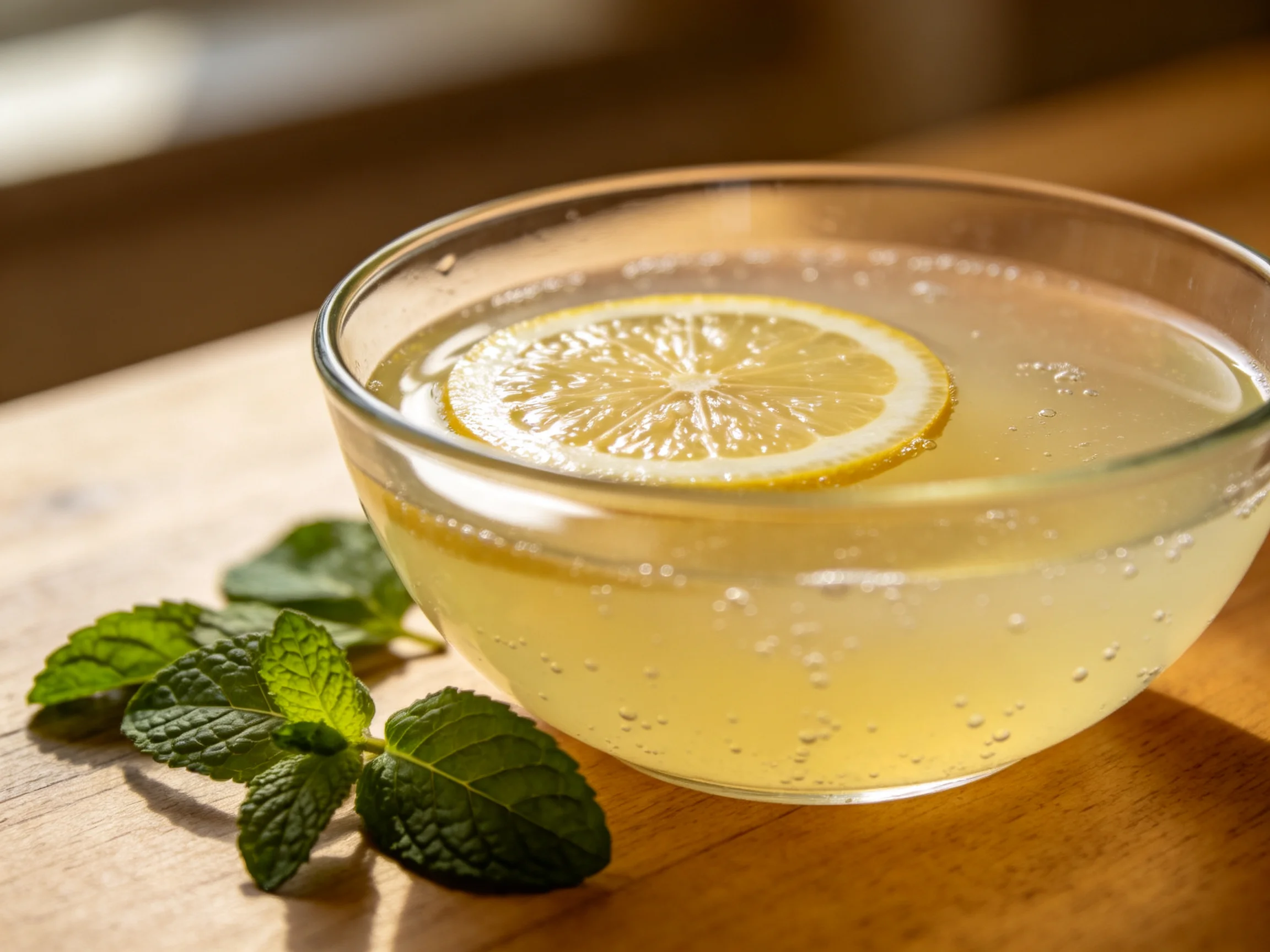 Clear glass bowl holds yellow lemonade with lemon slice and mint leaves
