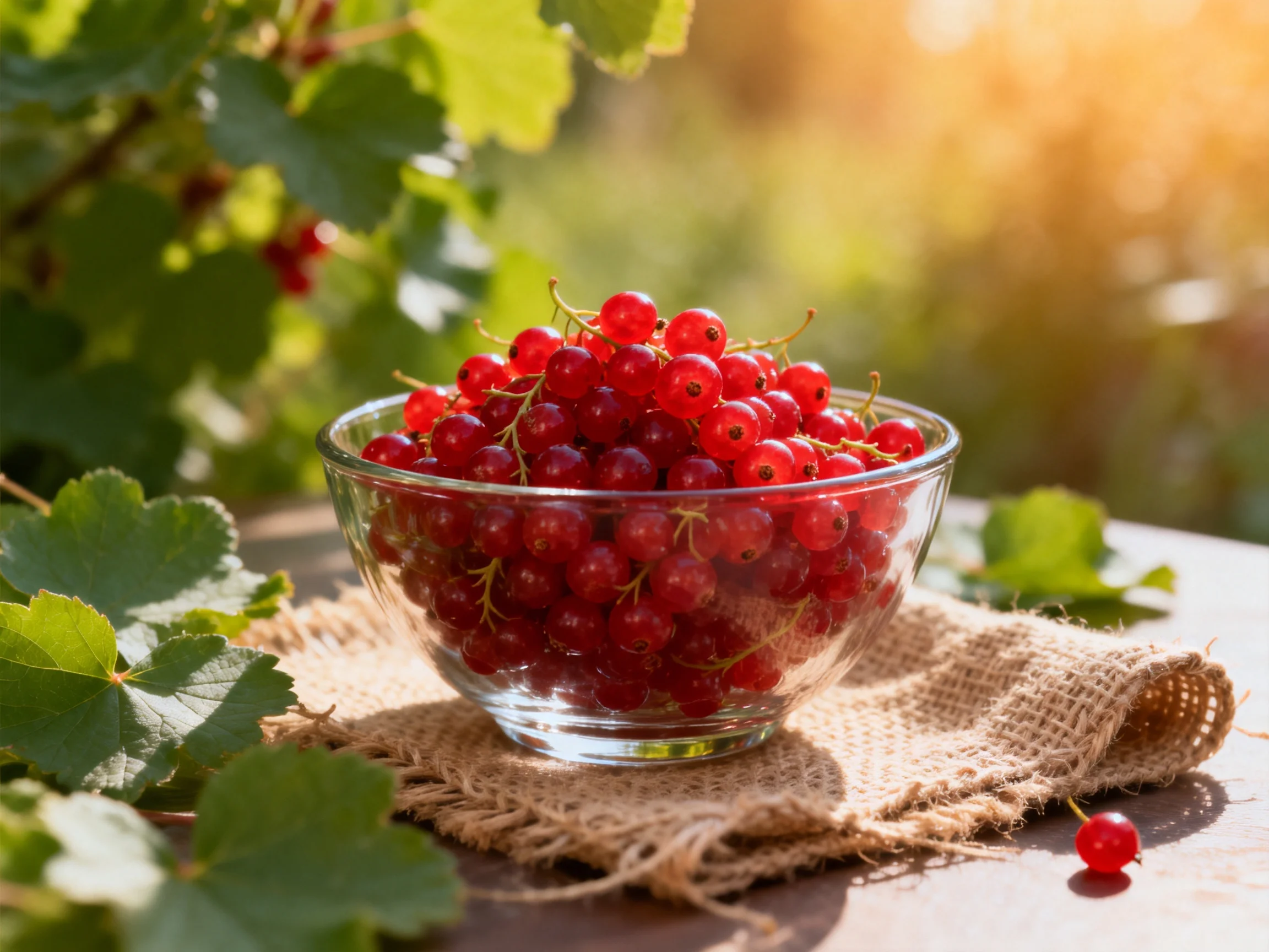 Clear glass bowl overflowing with bright red berries on burlap near green foliage