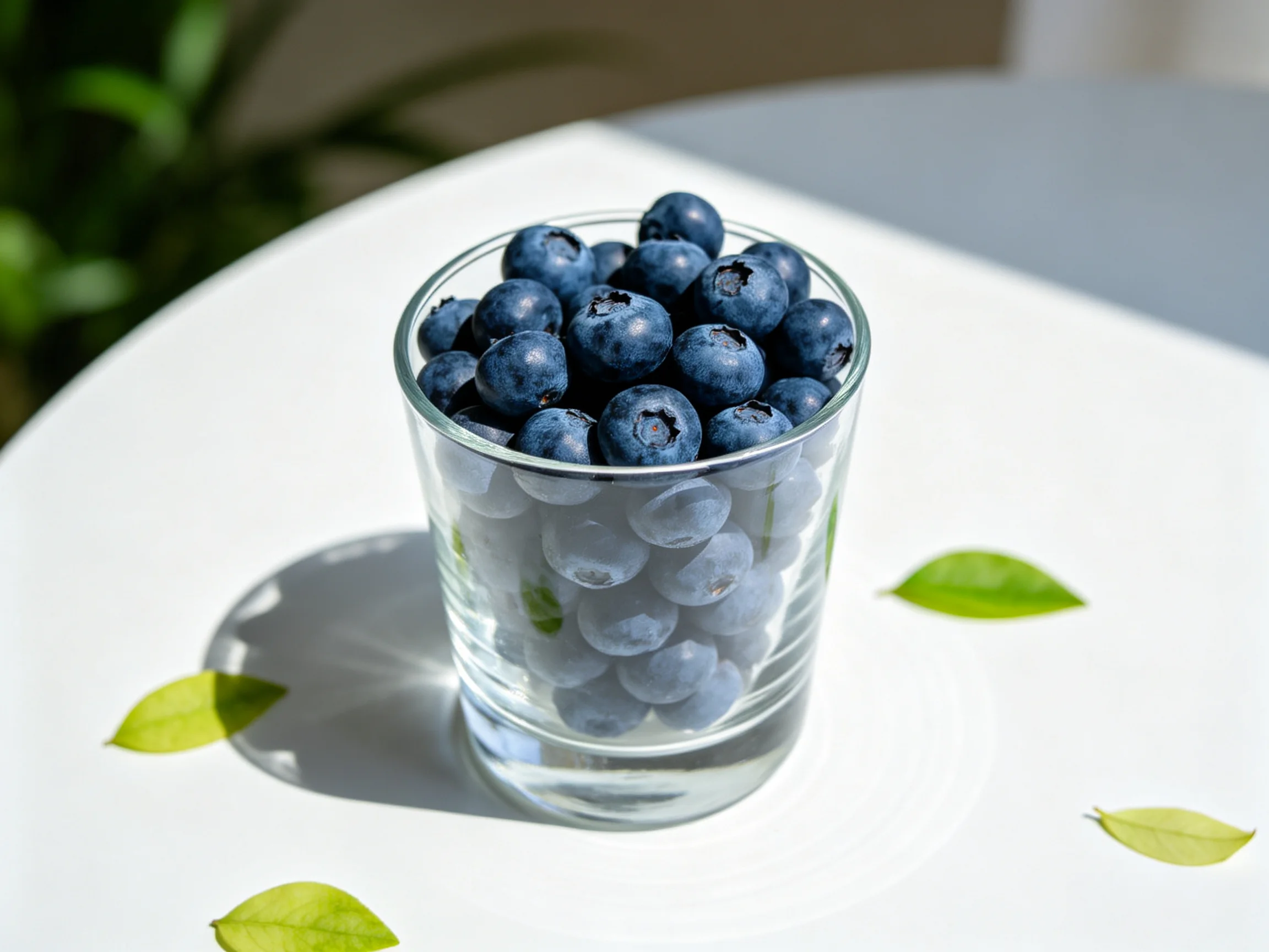 Clear glass filled with plump blueberries on a white surface with green leaves