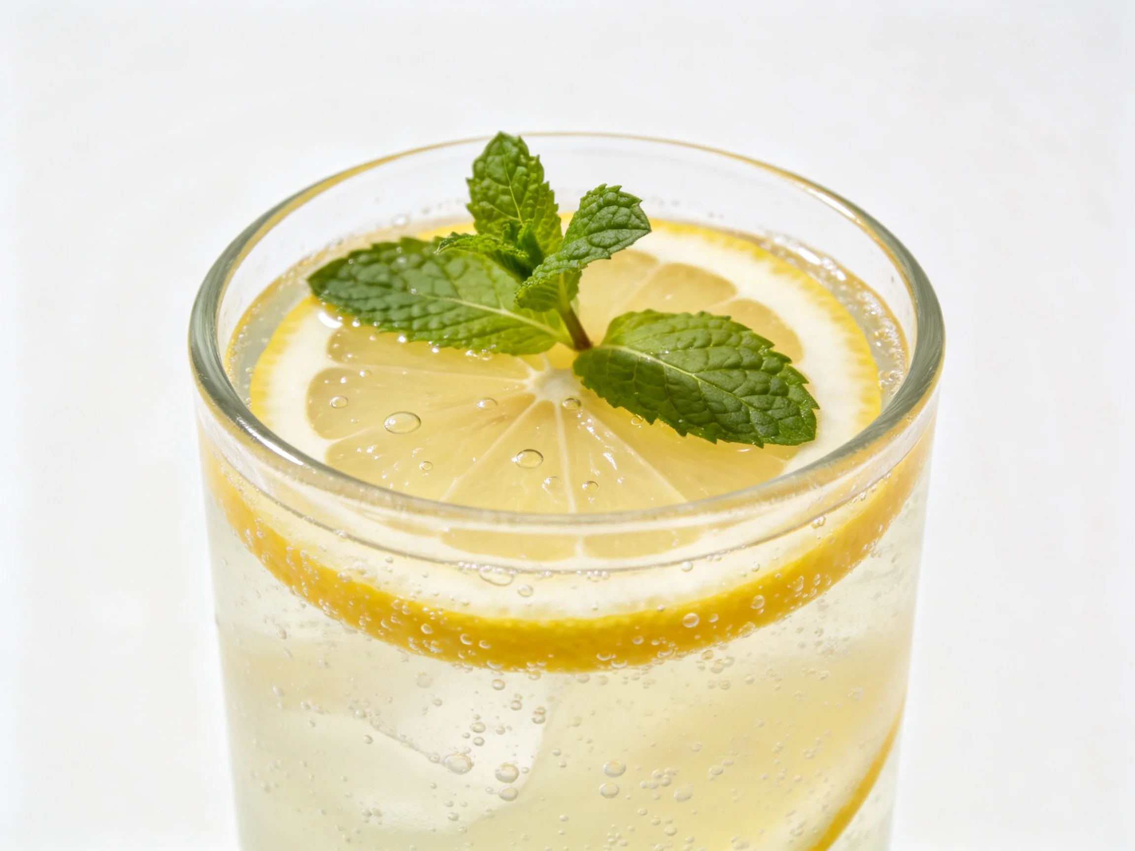 Clear glass with lemon slices, mint, and carbonated liquid