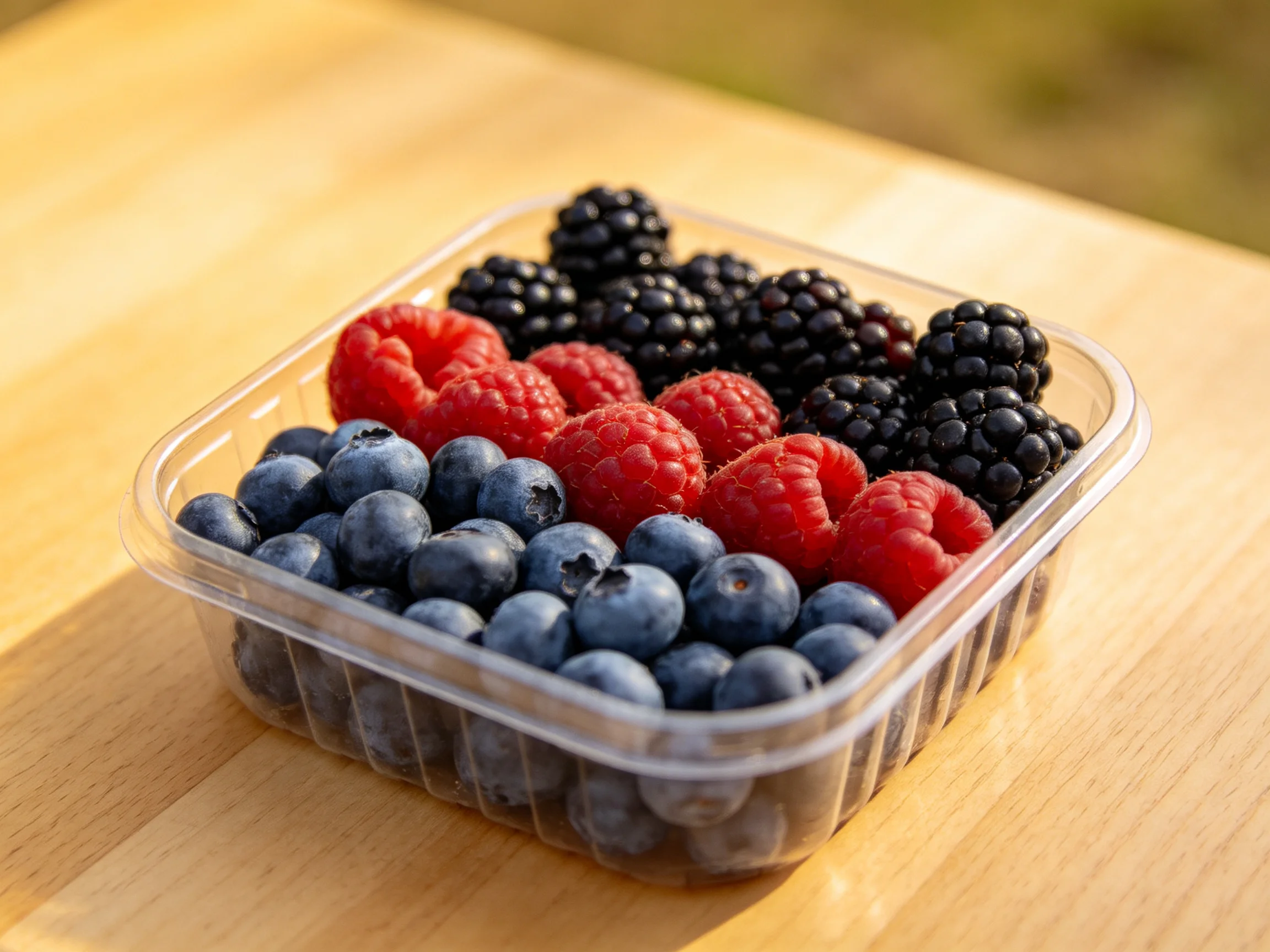 Clear plastic container with blueberries, raspberries, and blackberries