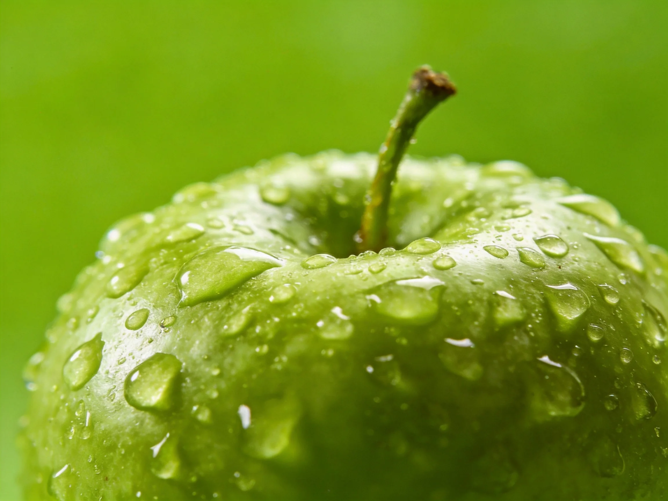 Close-up of a fresh green apple with glistening water droplets