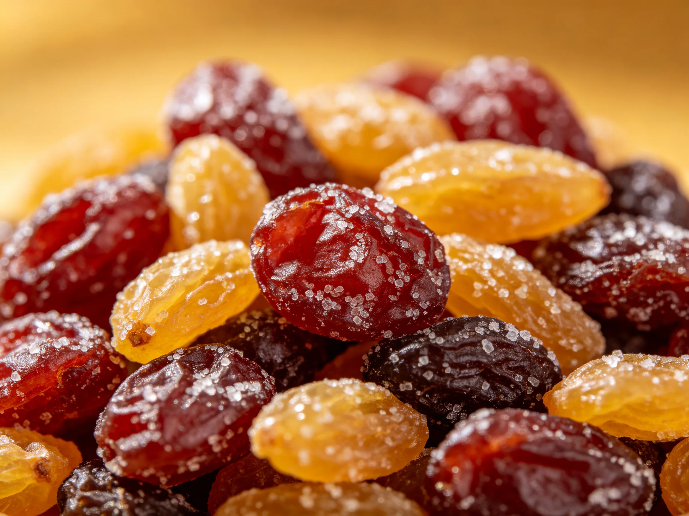 Close - up of assorted sugared dried fruits in varied colors