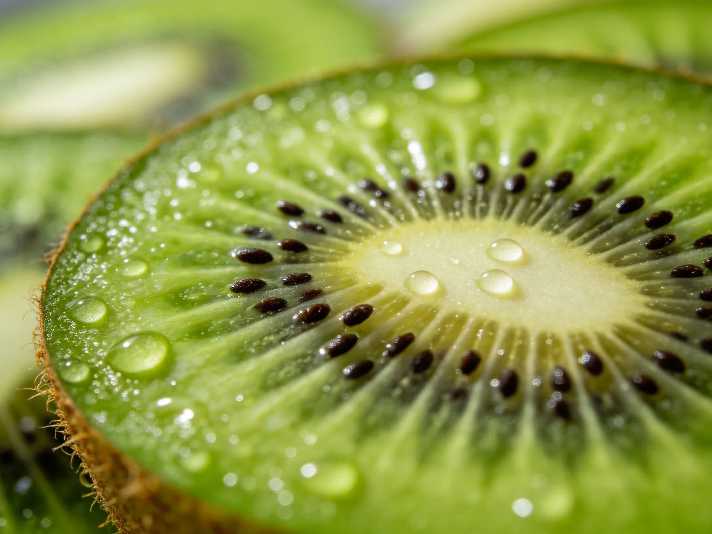 Close-up of fresh green kiwi slices with water droplets and seeds
