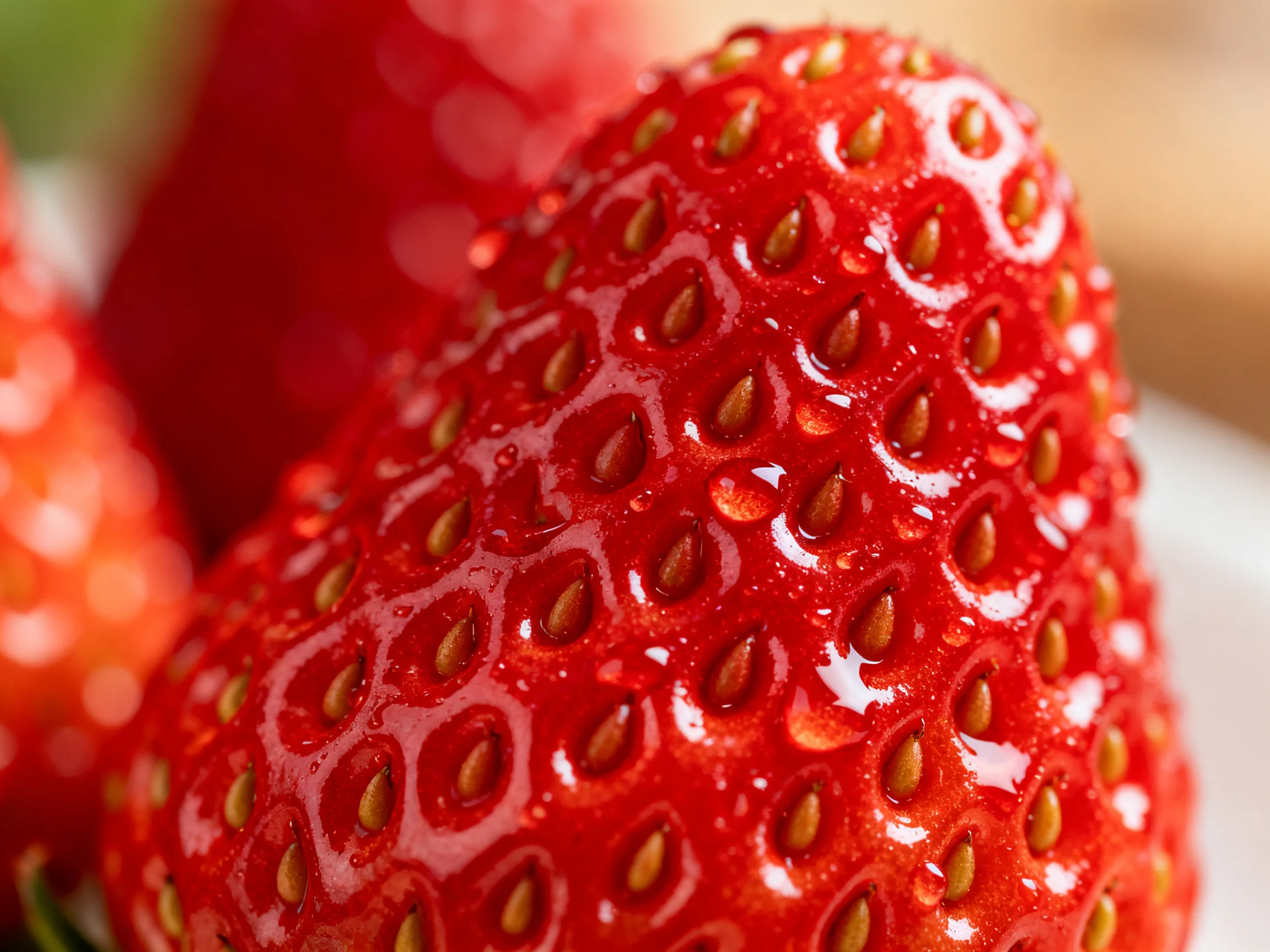 Close-up of multiple plump, glossy red strawberries