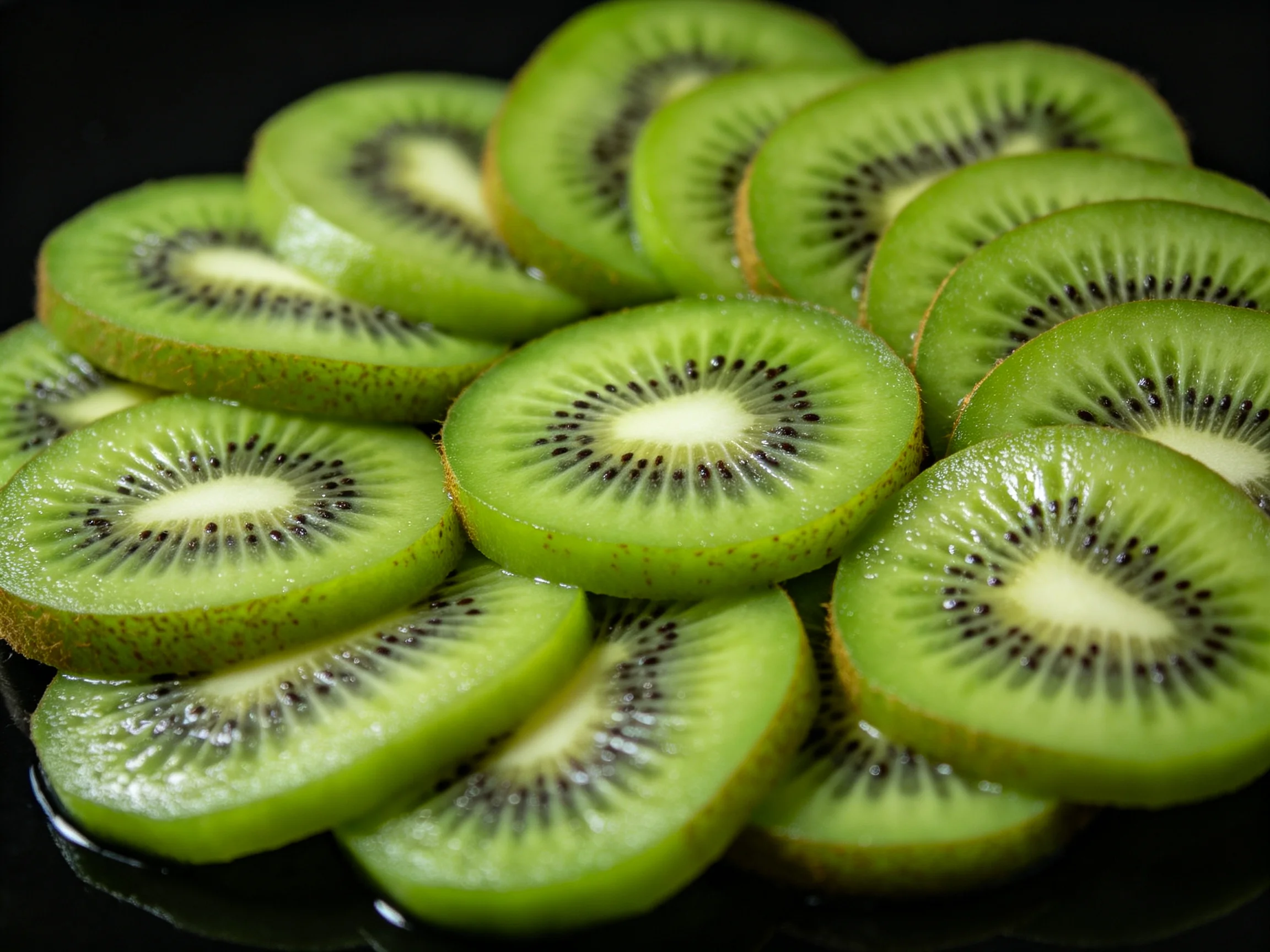 Close-up of numerous fresh green kiwi slices arranged together
