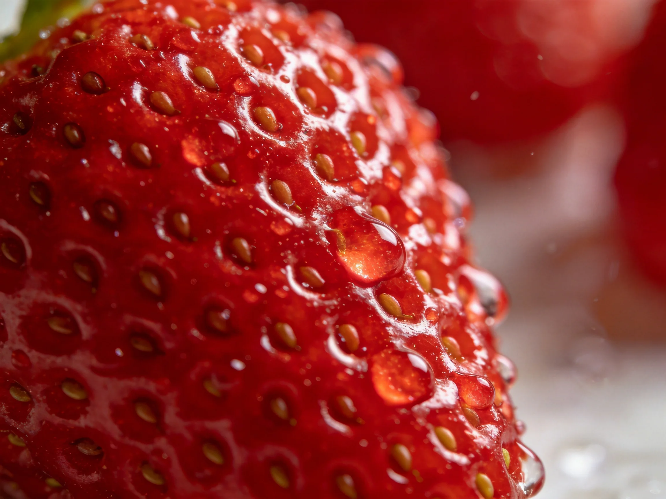 Close-up of vibrant red strawberry with glistening water droplets