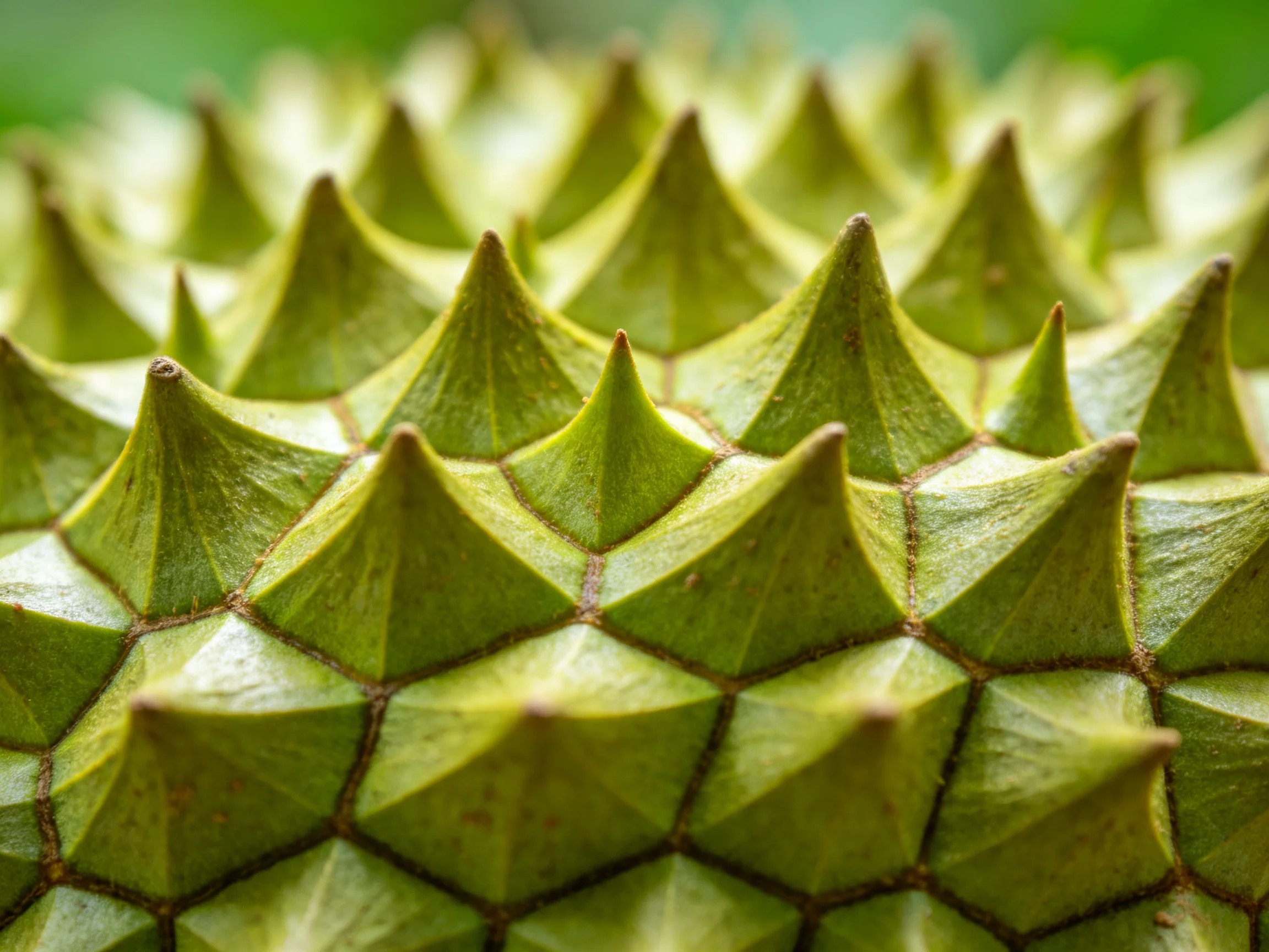 Close-up view of a durian fruit’s textured, spiky green exterior with geometric patterns