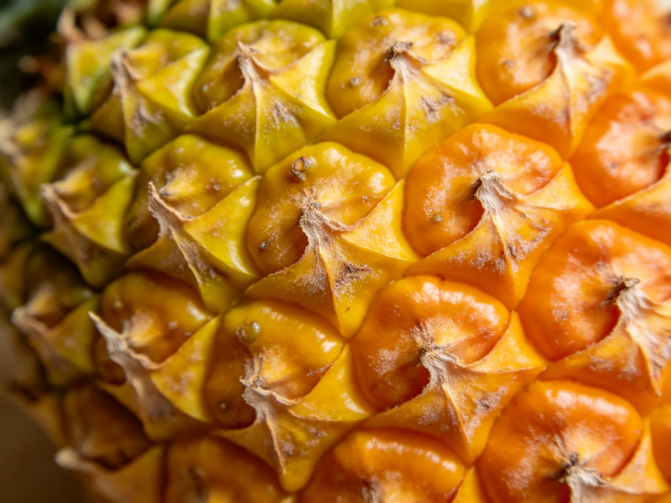 Close-up view of a pineapple’s vibrant, multicolored textured exterior