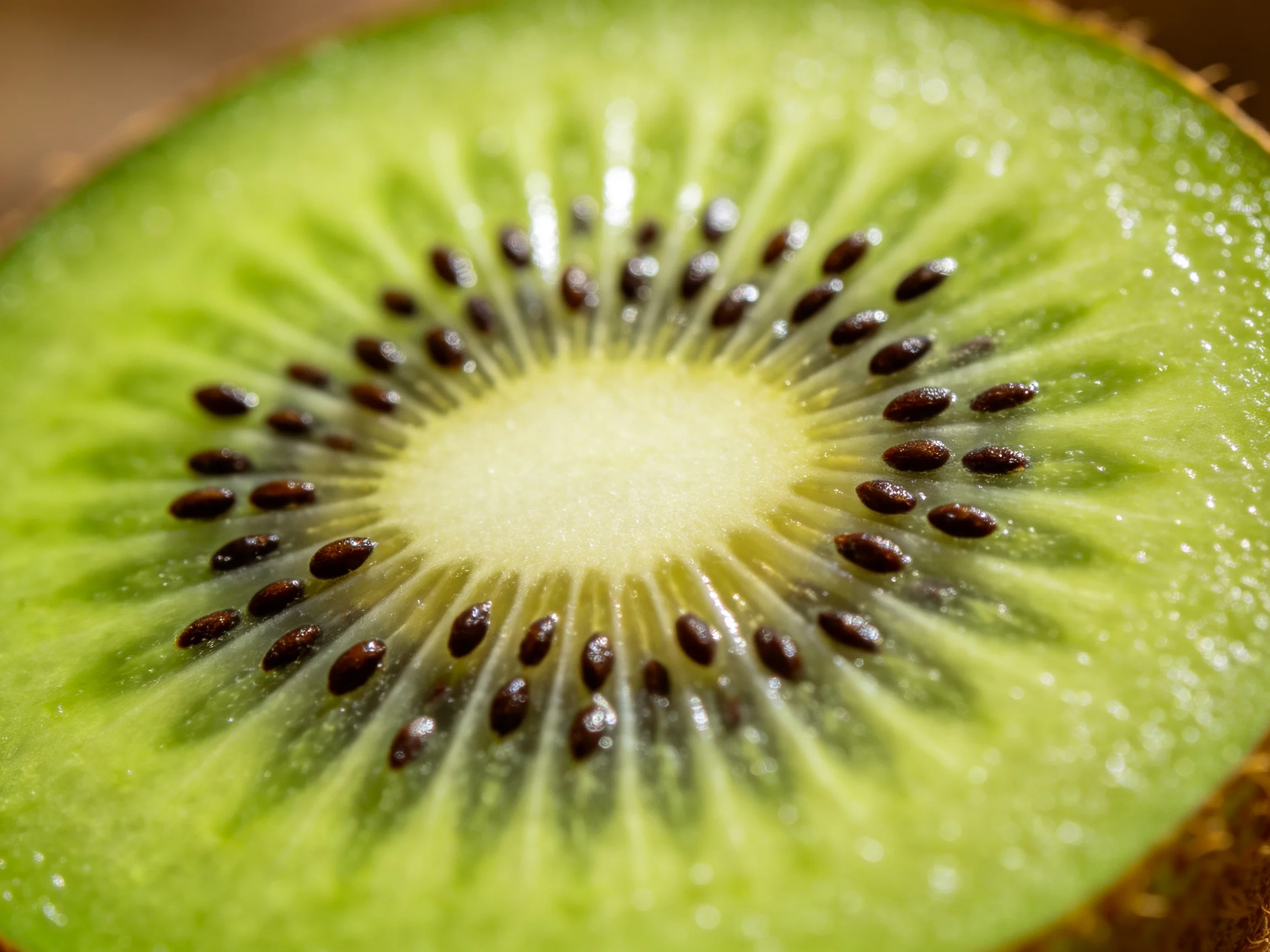 Close-up view of a sliced green kiwi fruit with dark seeds