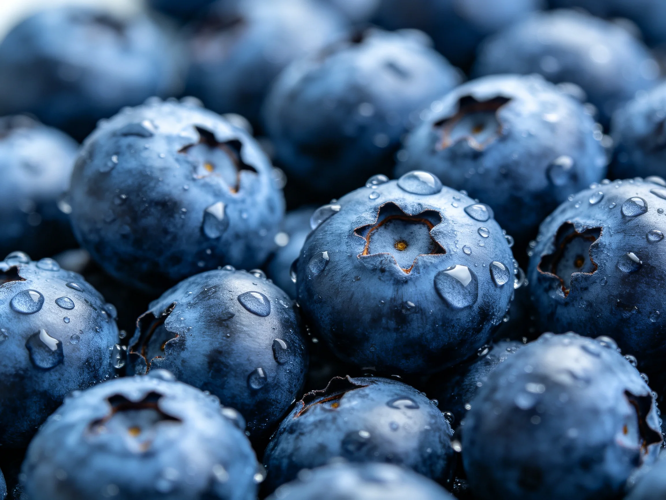 Close-up view of fresh blueberries with glistening water droplets