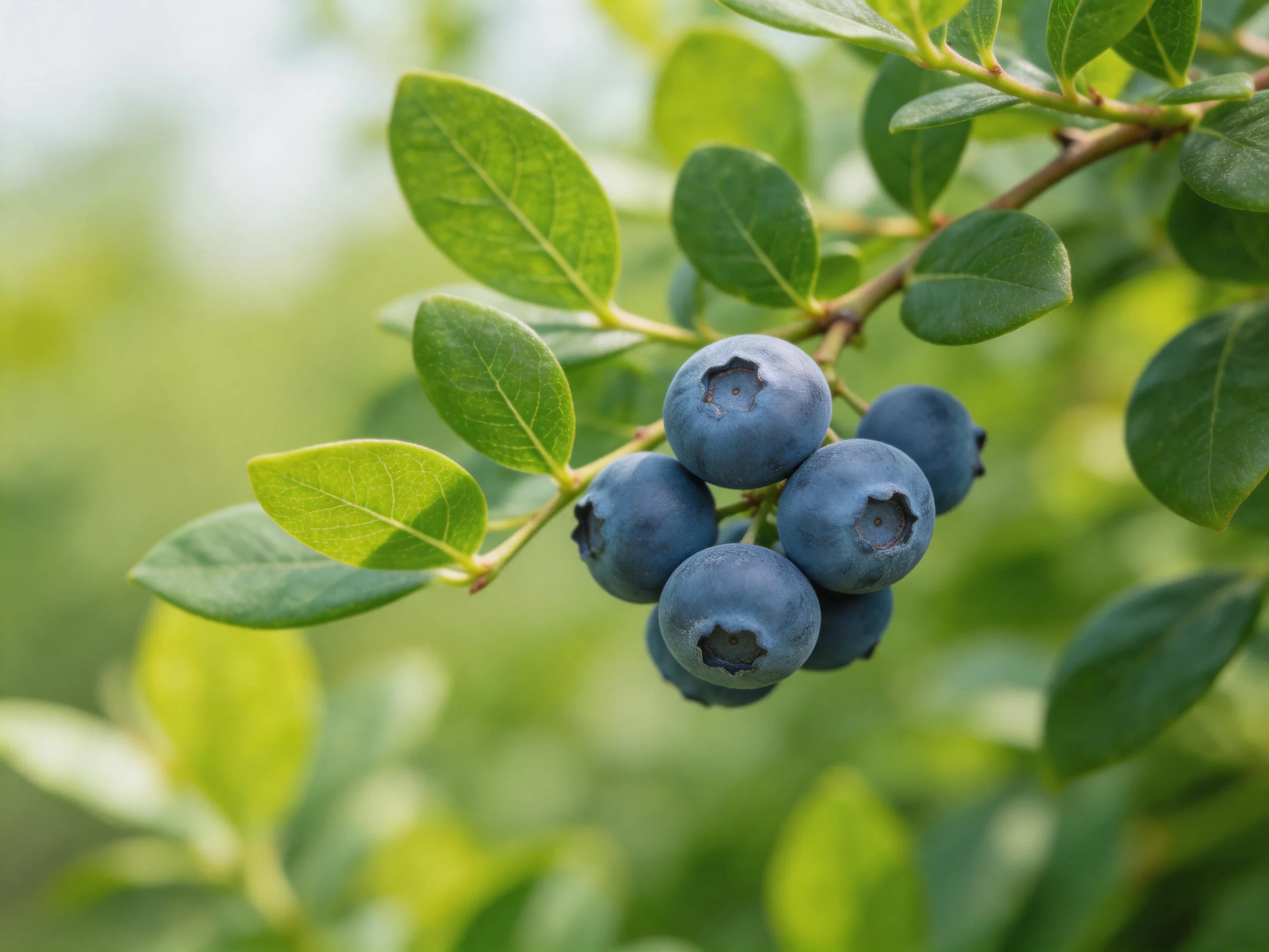 Cluster of blueberries on a leafy branch