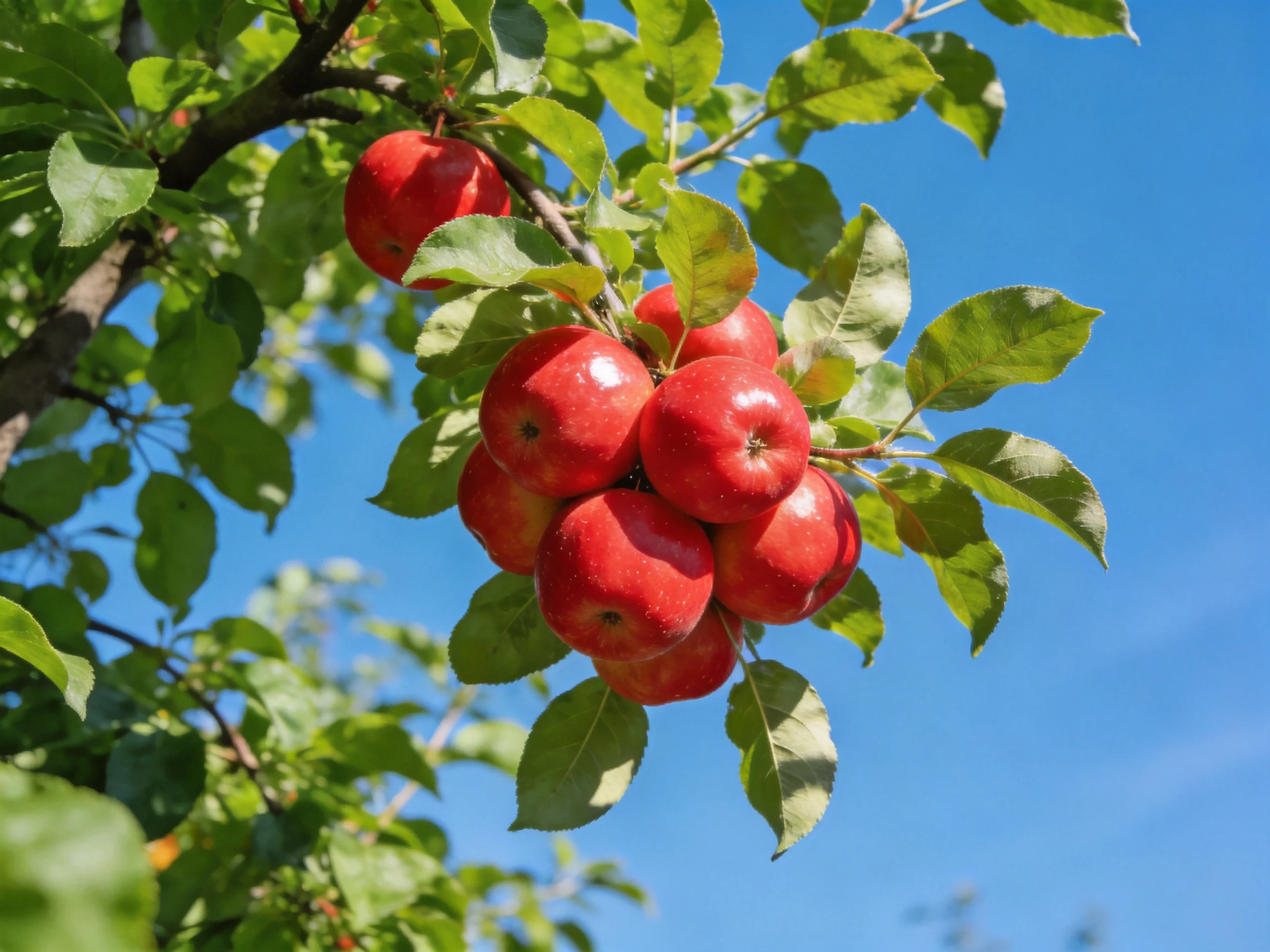 Cluster of bright red apples on a tree with green foliage
