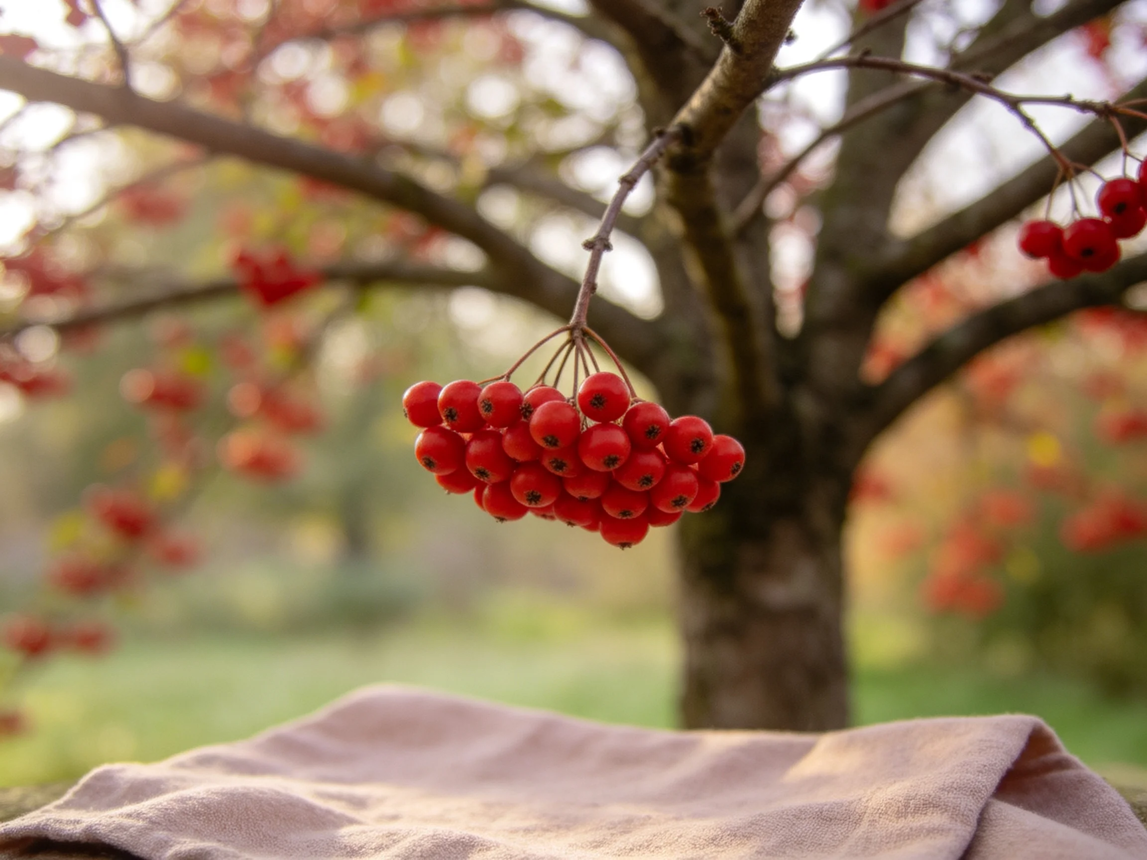 Cluster of bright red berries hangs from a tree branch