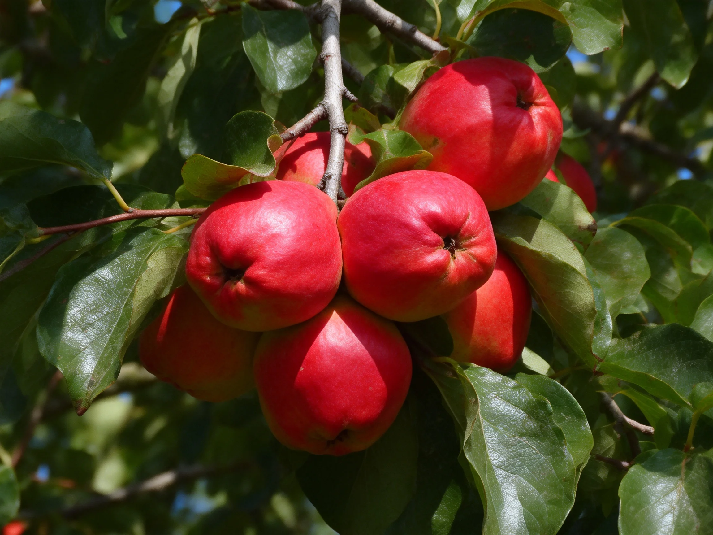 Cluster of bright red fruits on a leafy tree branch