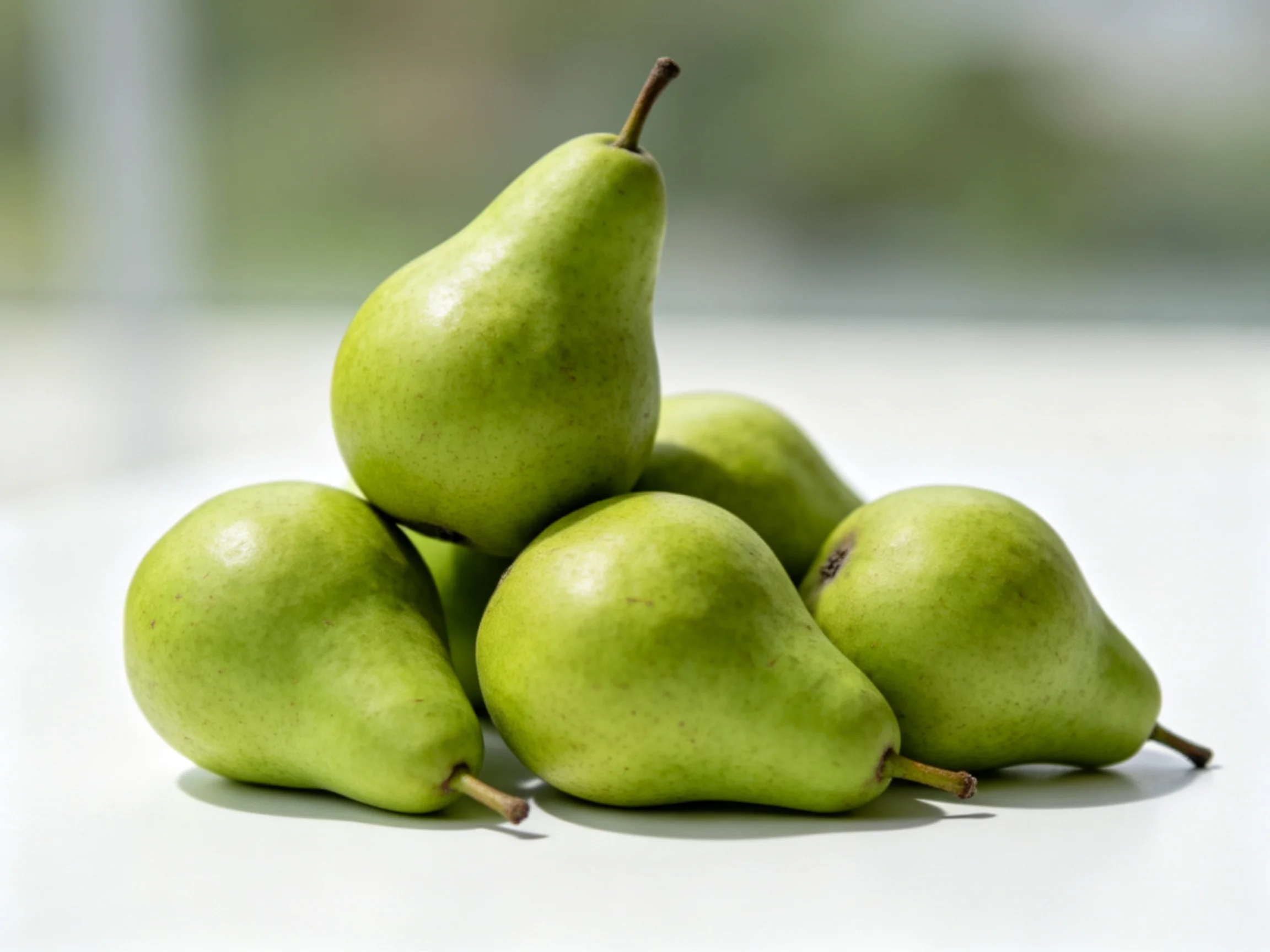 Cluster of five green pears on white surface