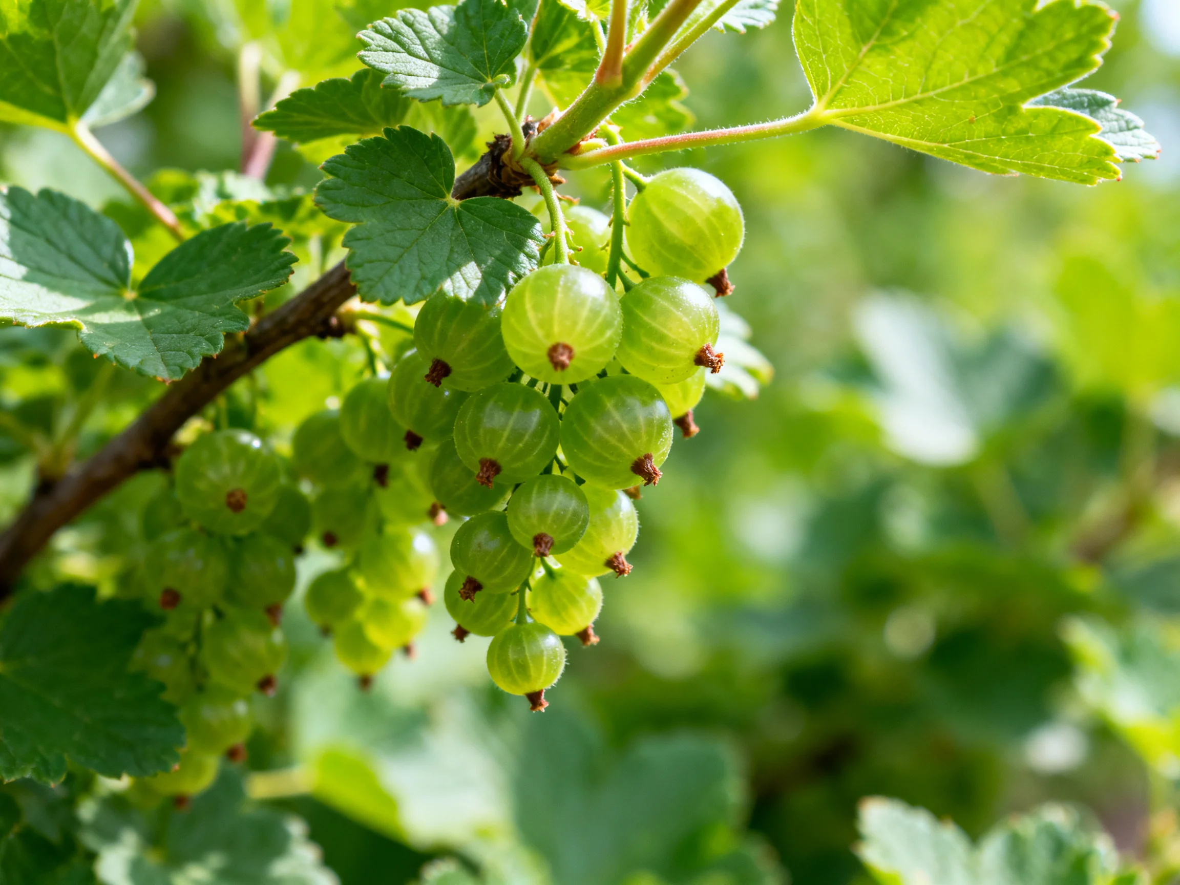 Cluster of fresh green berries on a leafy branch
