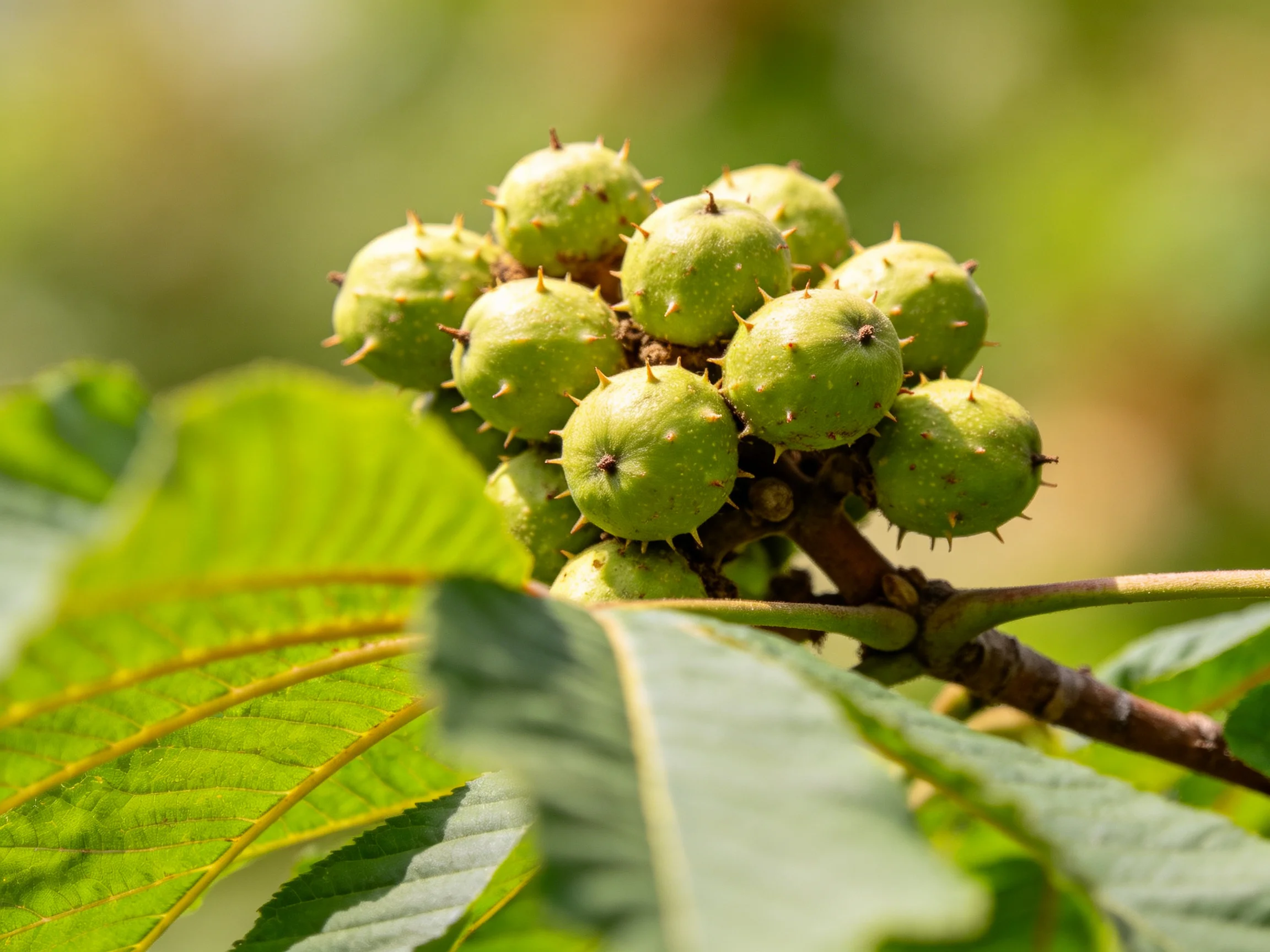 Cluster of green spiky fruits on a tree branch with broad leaves