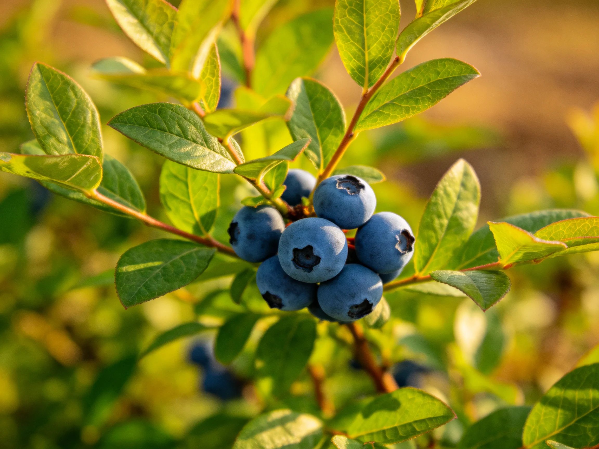 Cluster of plump blueberries on a leafy bush in golden sunlight