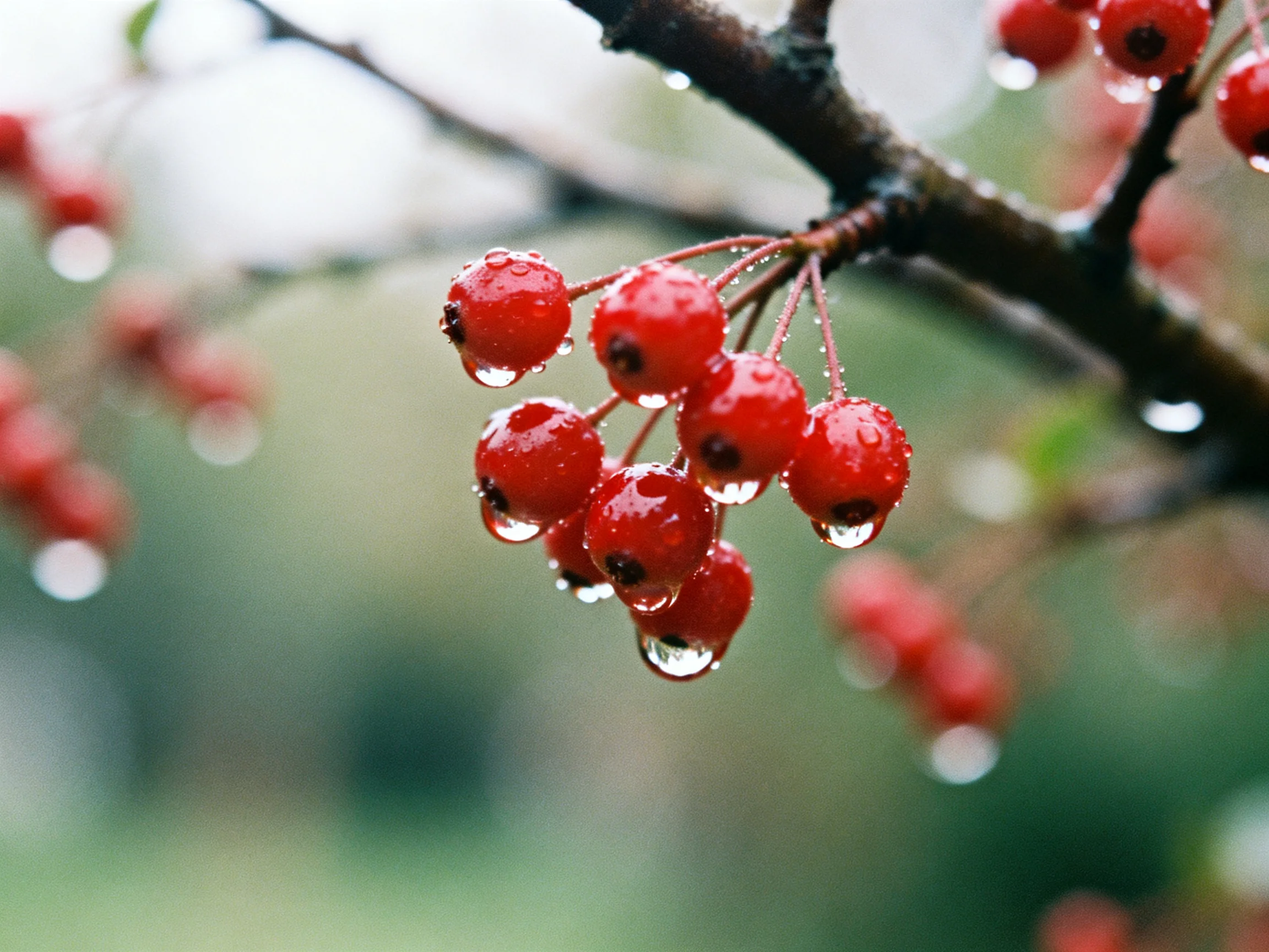 Cluster of red berries with water droplets on dark branch
