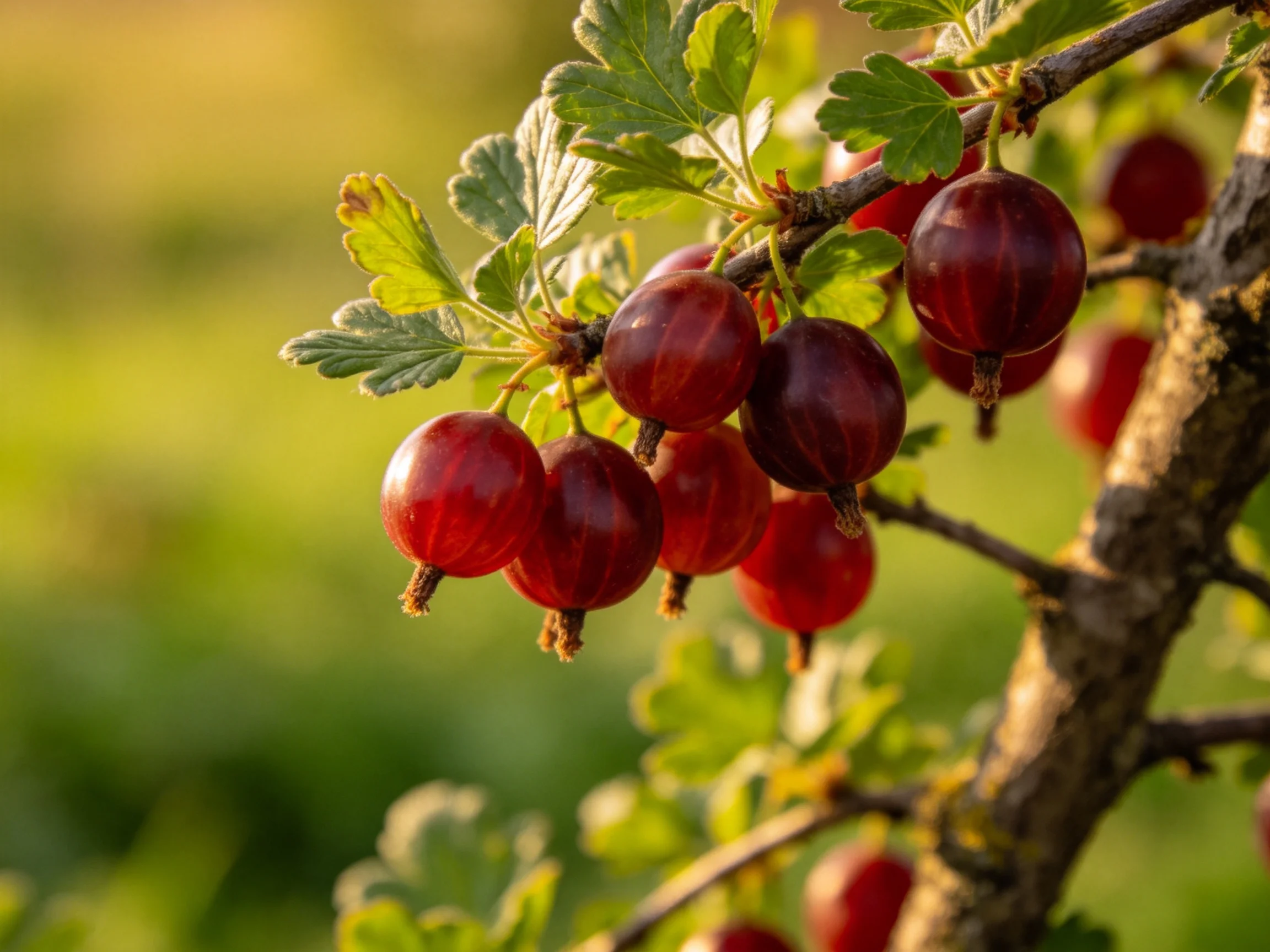 Cluster of ripe dark red gooseberries on gnarled branch with green foliage