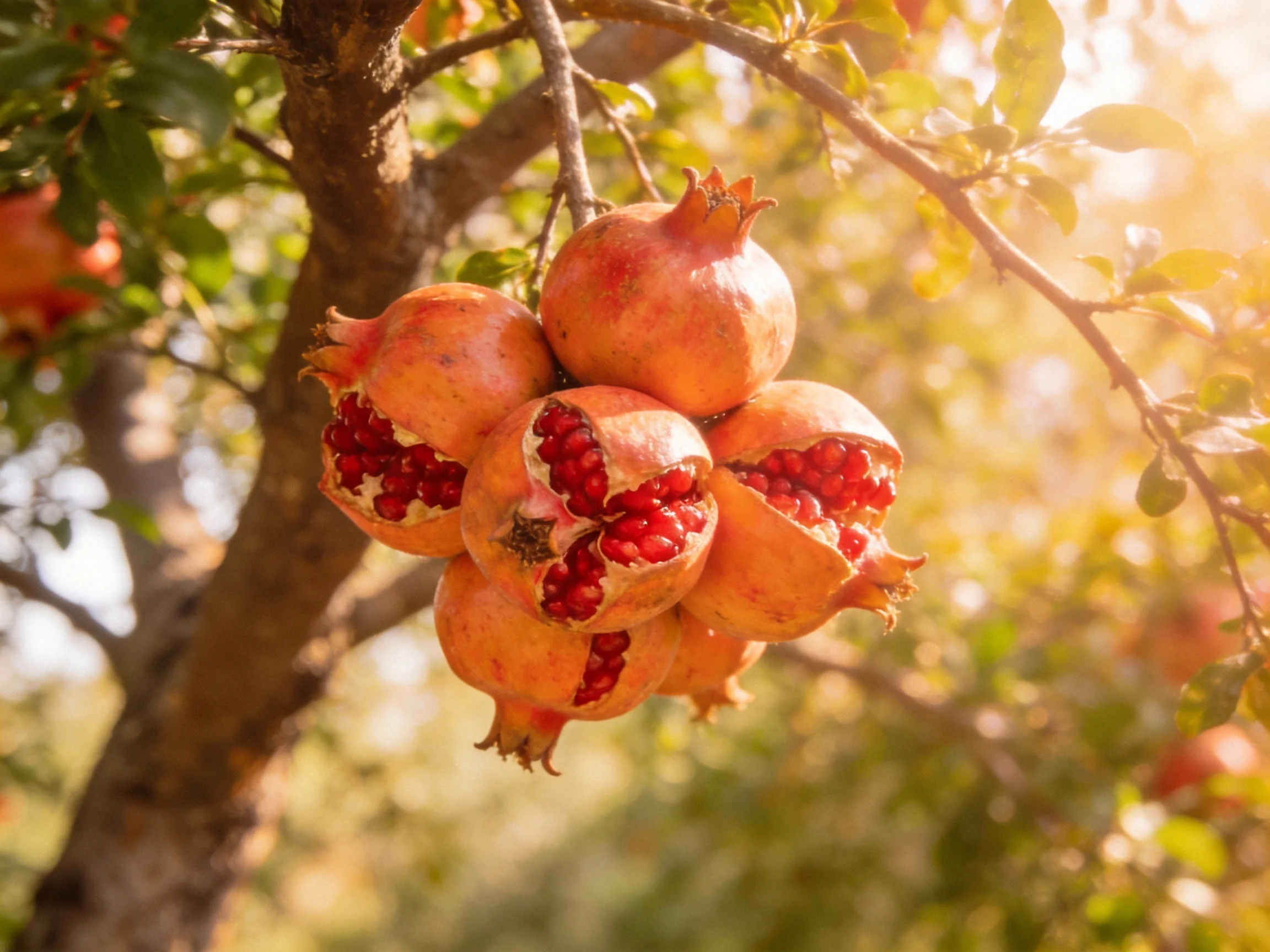 Cluster of ripe pomegranates on sunlit tree branch