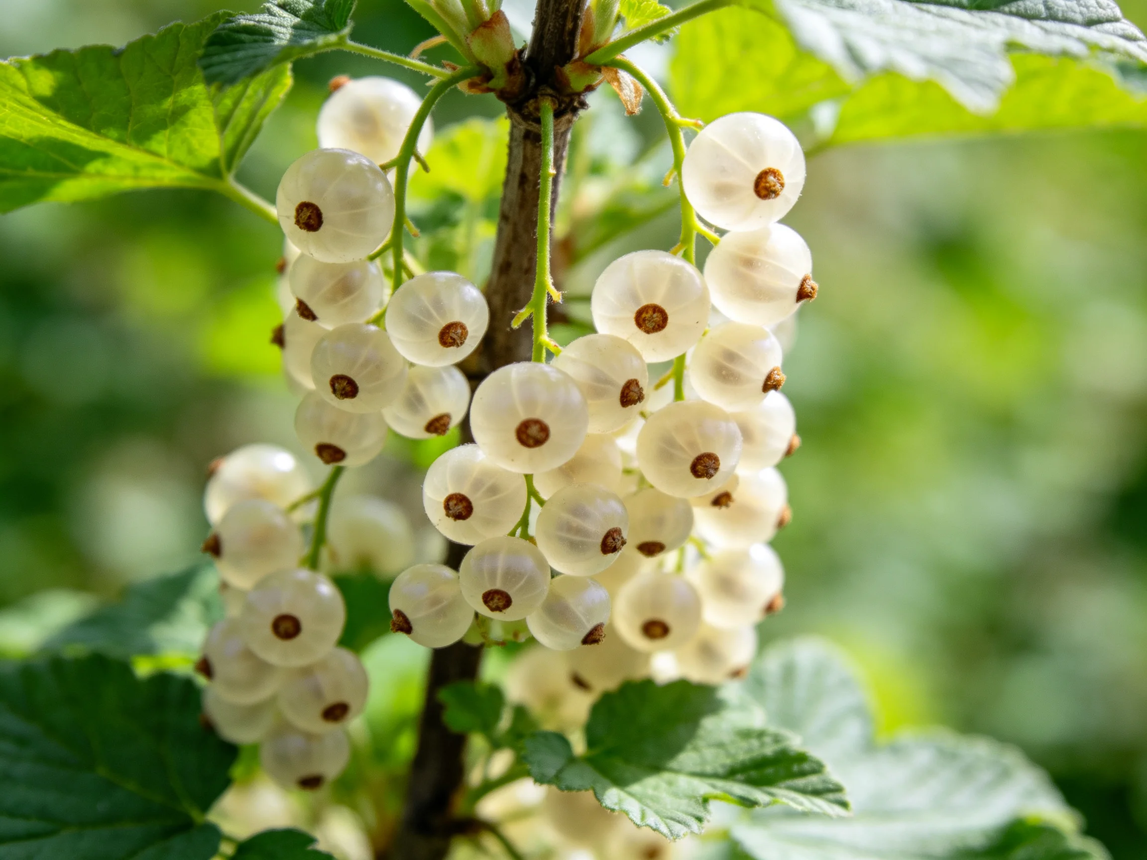 Cluster of translucent white berries with brown centers among lush green foliage
