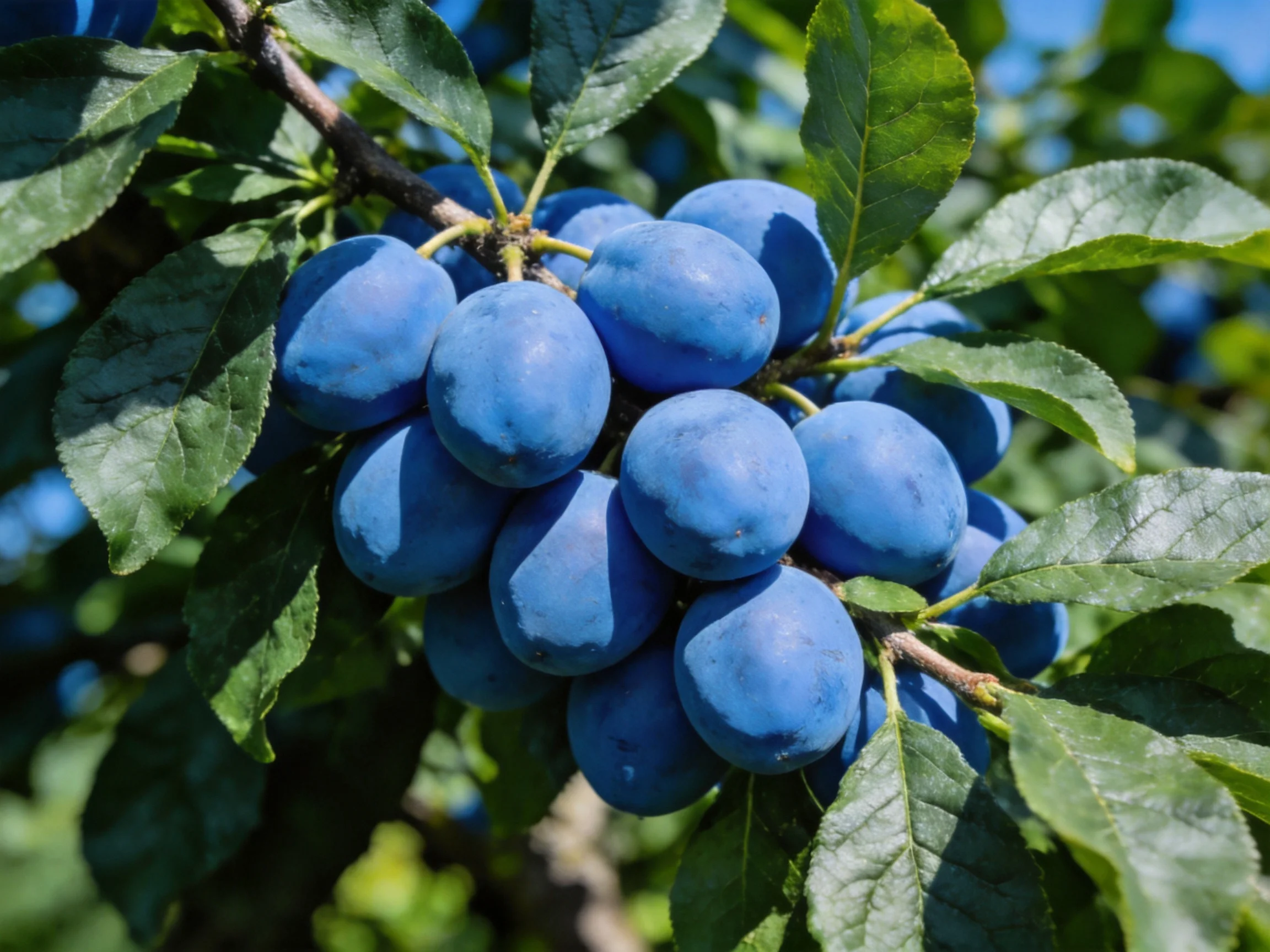 Cluster of vibrant blue plums on a leafy tree branch