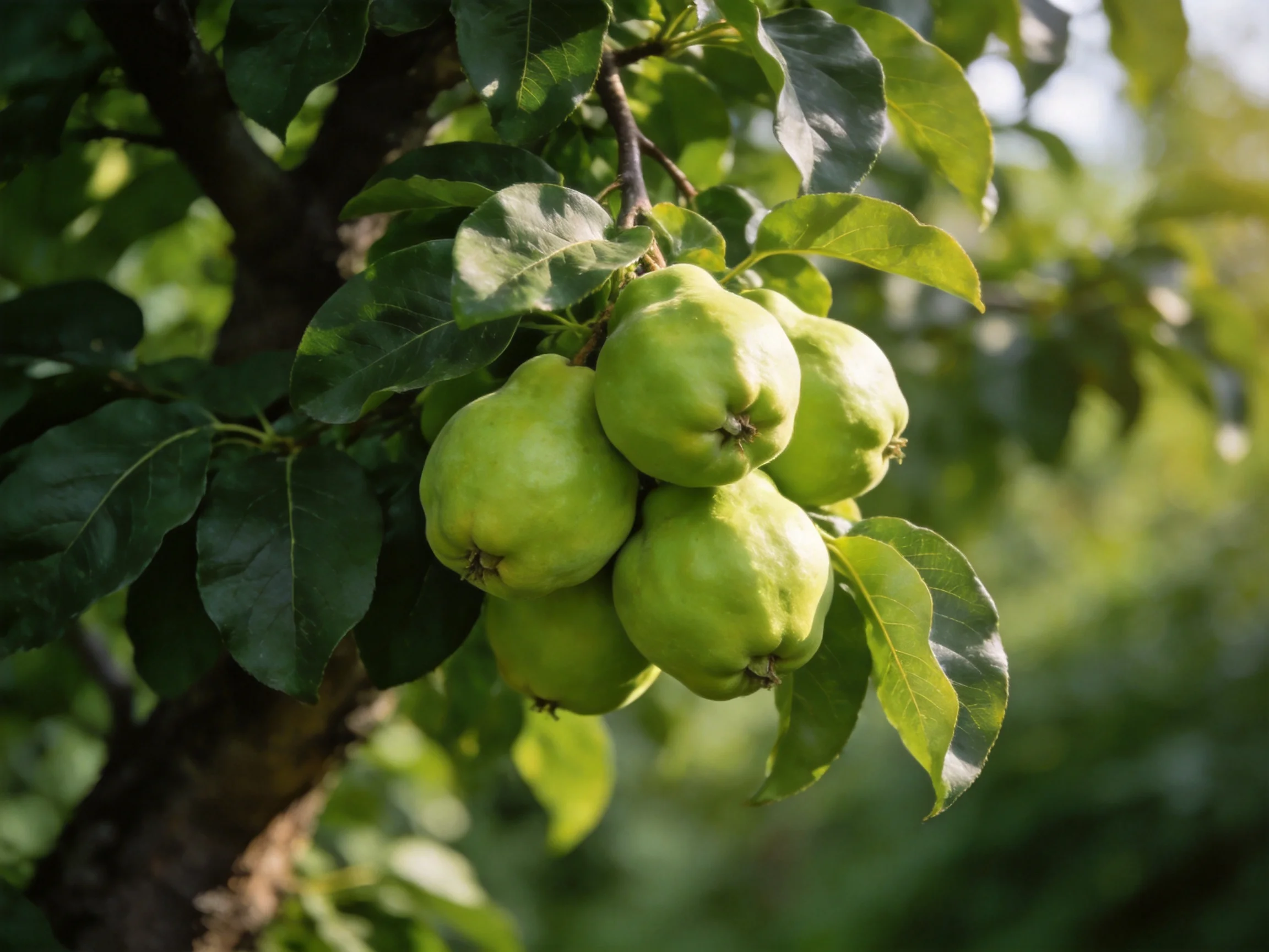 Cluster of vibrant green quinces on leafy tree branches