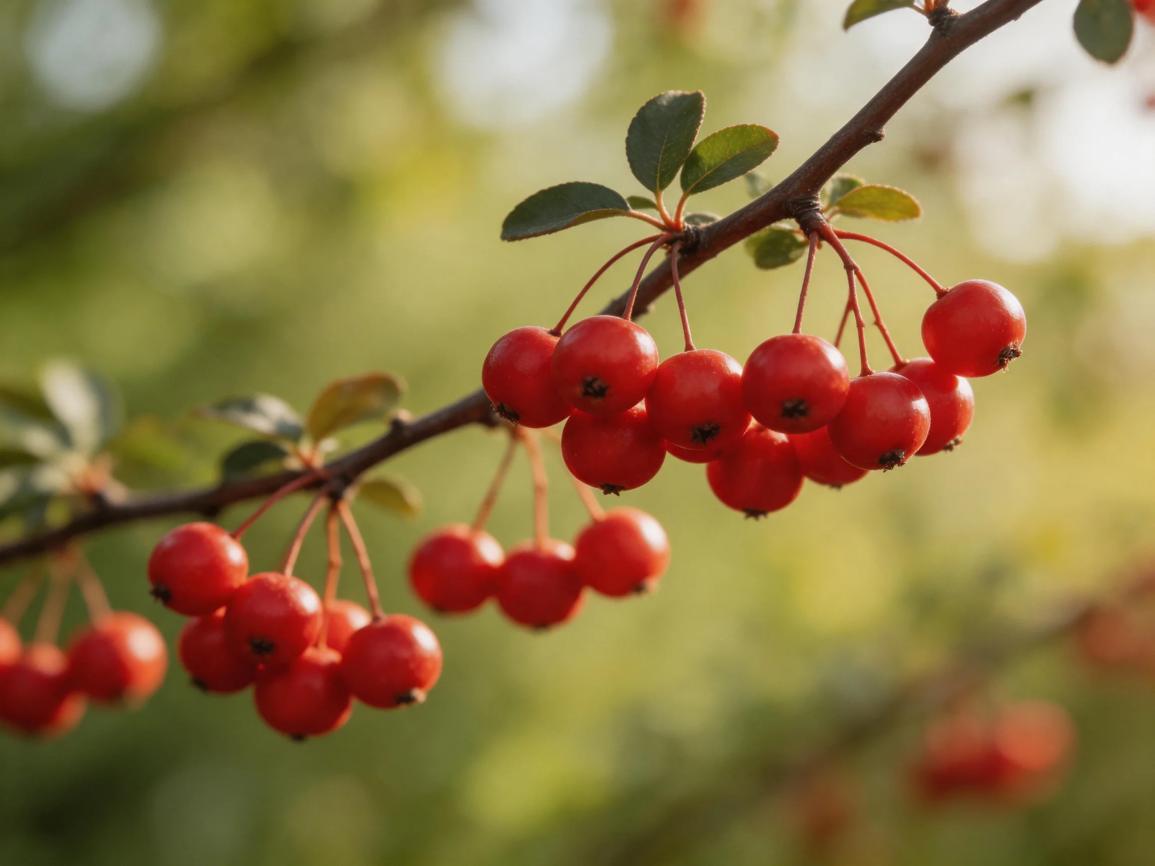 Cluster of vibrant red berries hangs from a dark brown branch with green leaves