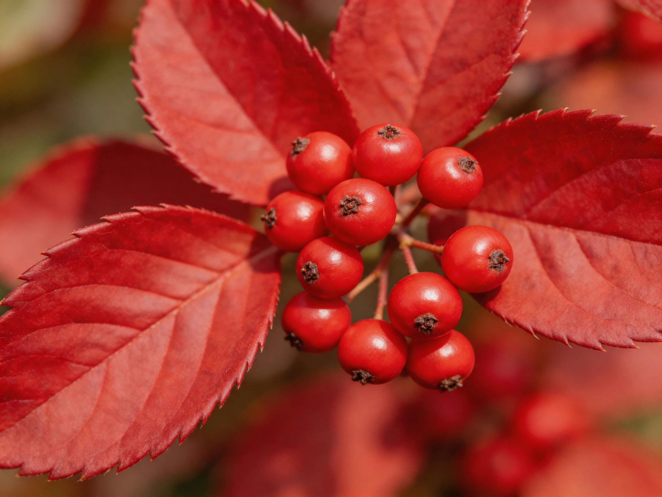 Cluster of vivid red berries amid glossy red leaves