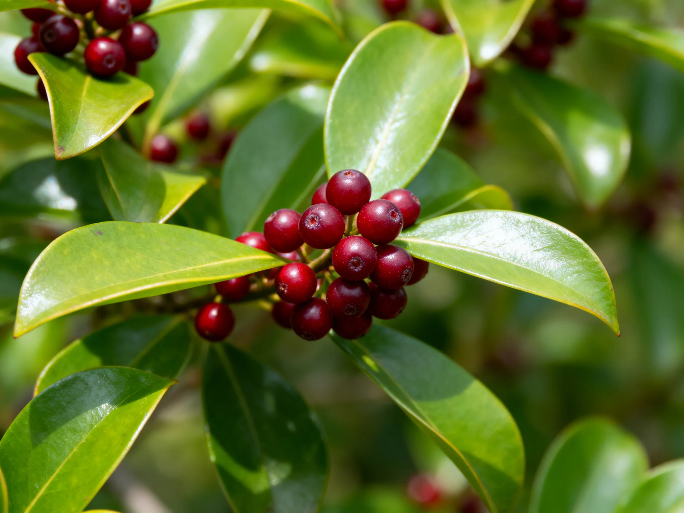 Clustered deep red berries amid glossy green leaves