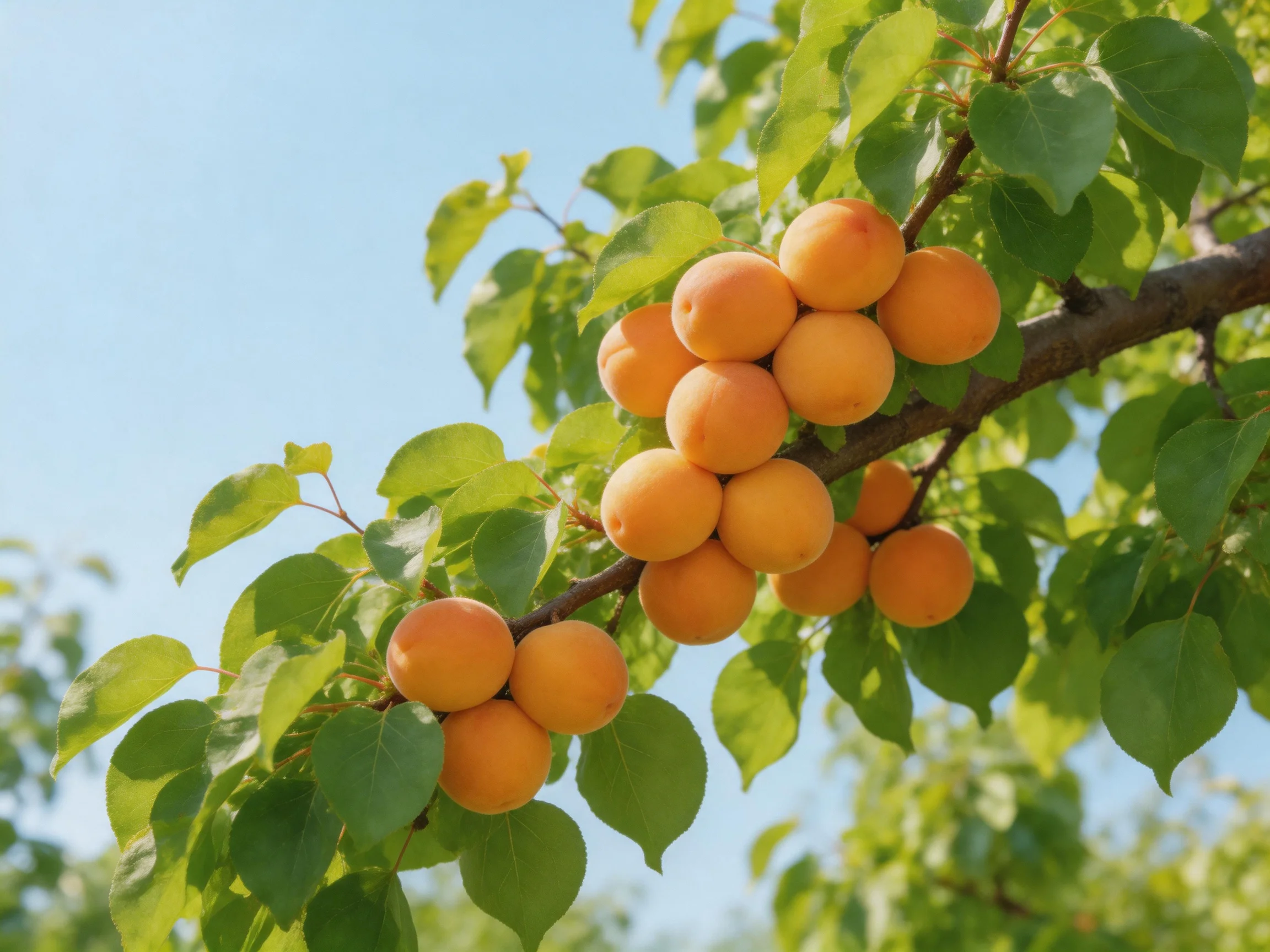 Clusters of ripe apricots on a leafy tree branch under clear sky