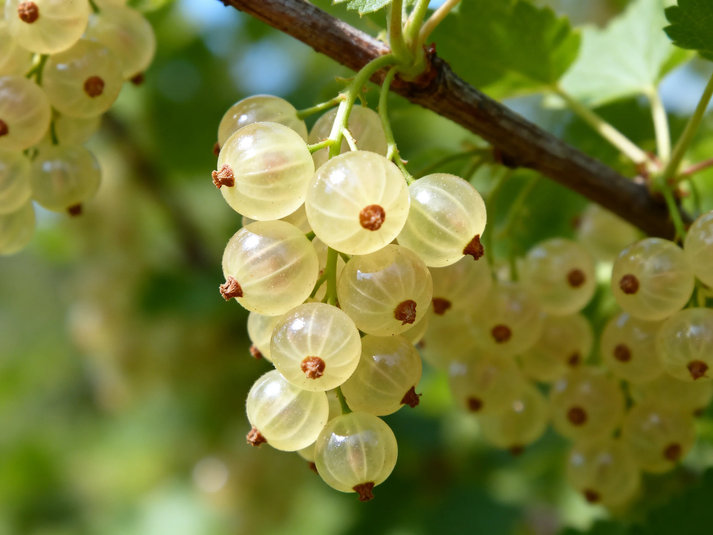 Clusters of translucent white berries hang from a brown branch with green foliage.
