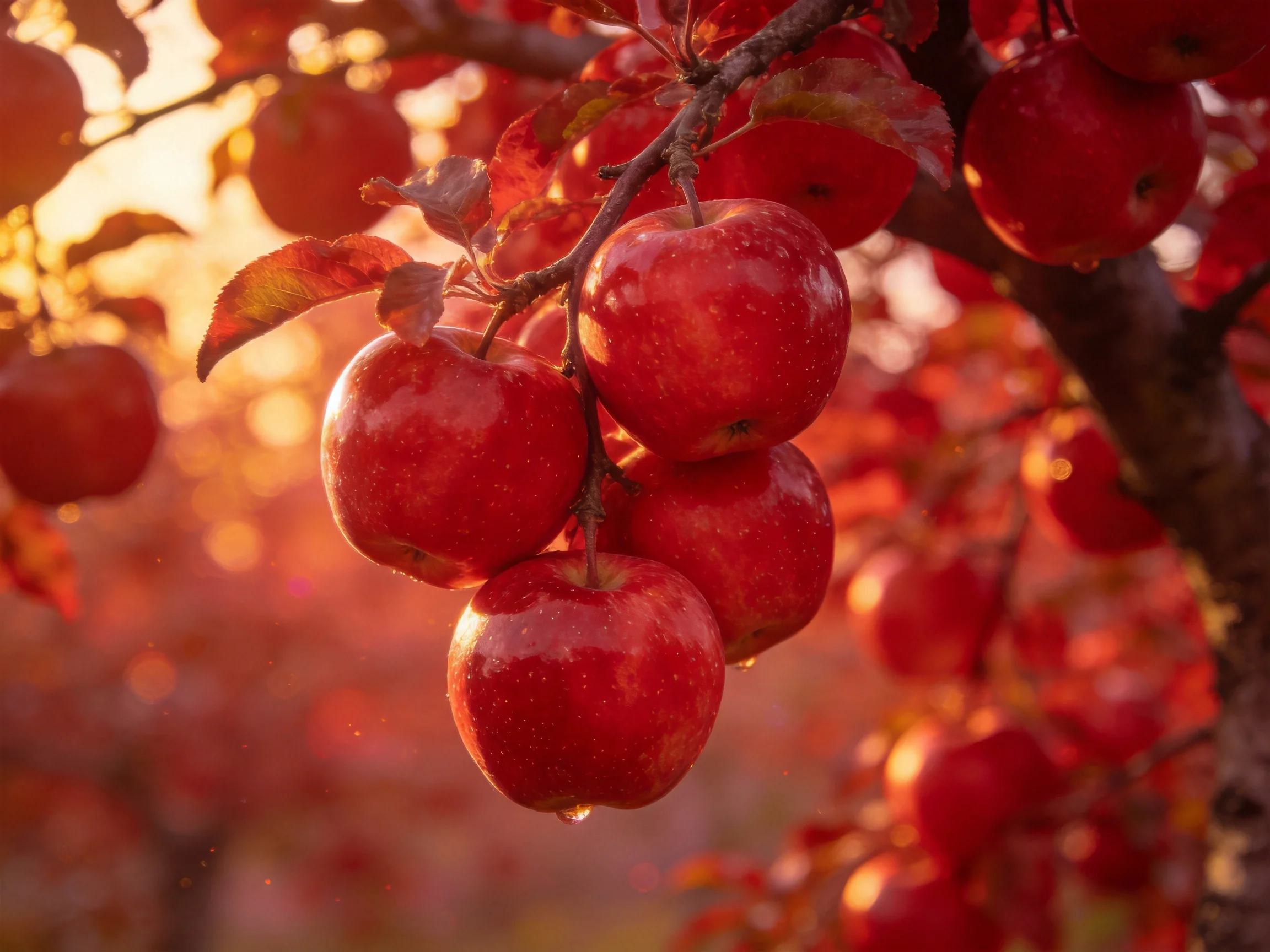 Clusters of vibrant red apples hang from a tree branch bathed in golden sunlight