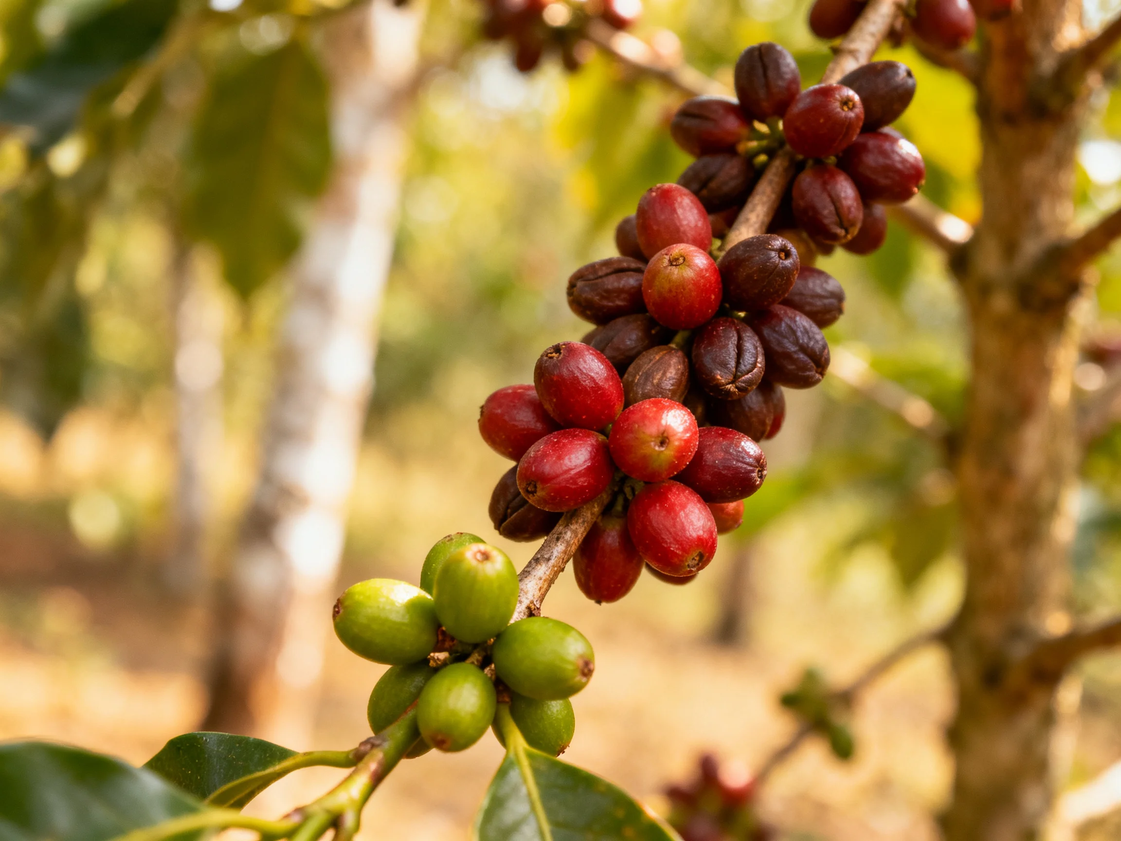 Coffee cherries in diverse colors cluster on a branch