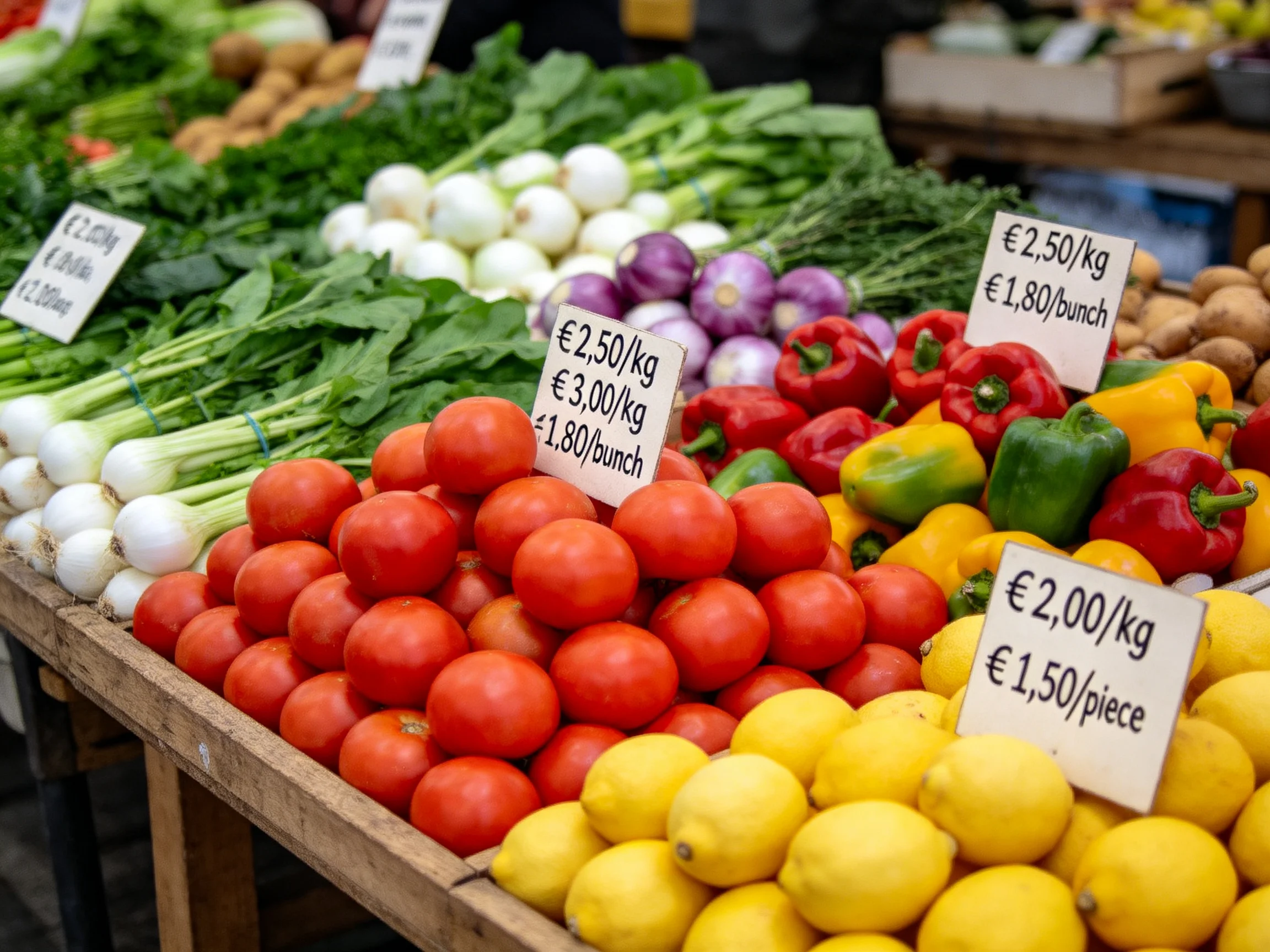 Colorful Vegetable Stand with Fresh Produce and Price Signs
