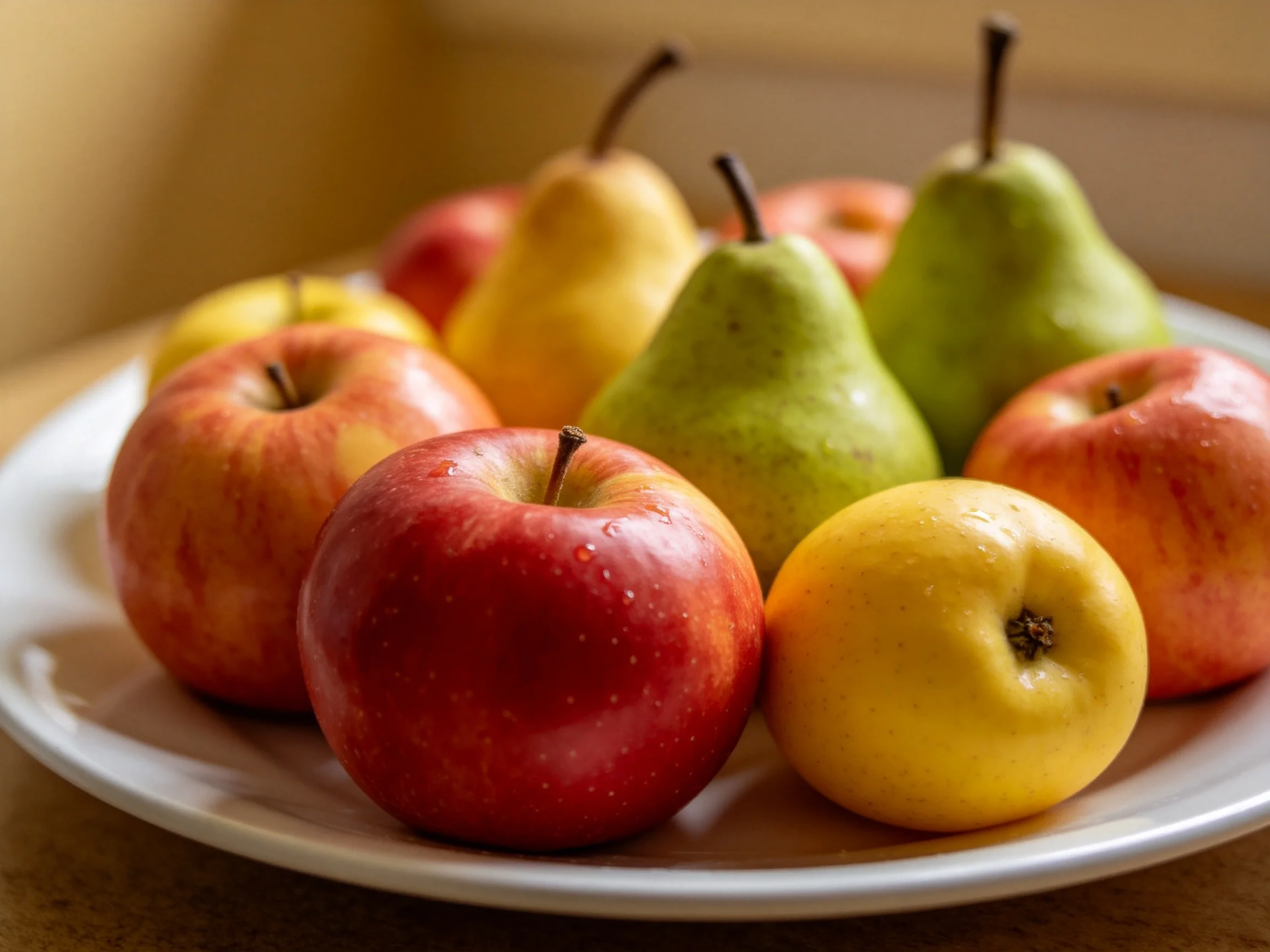 Colorful apples, pears, and citrus fruits arranged on a white plate