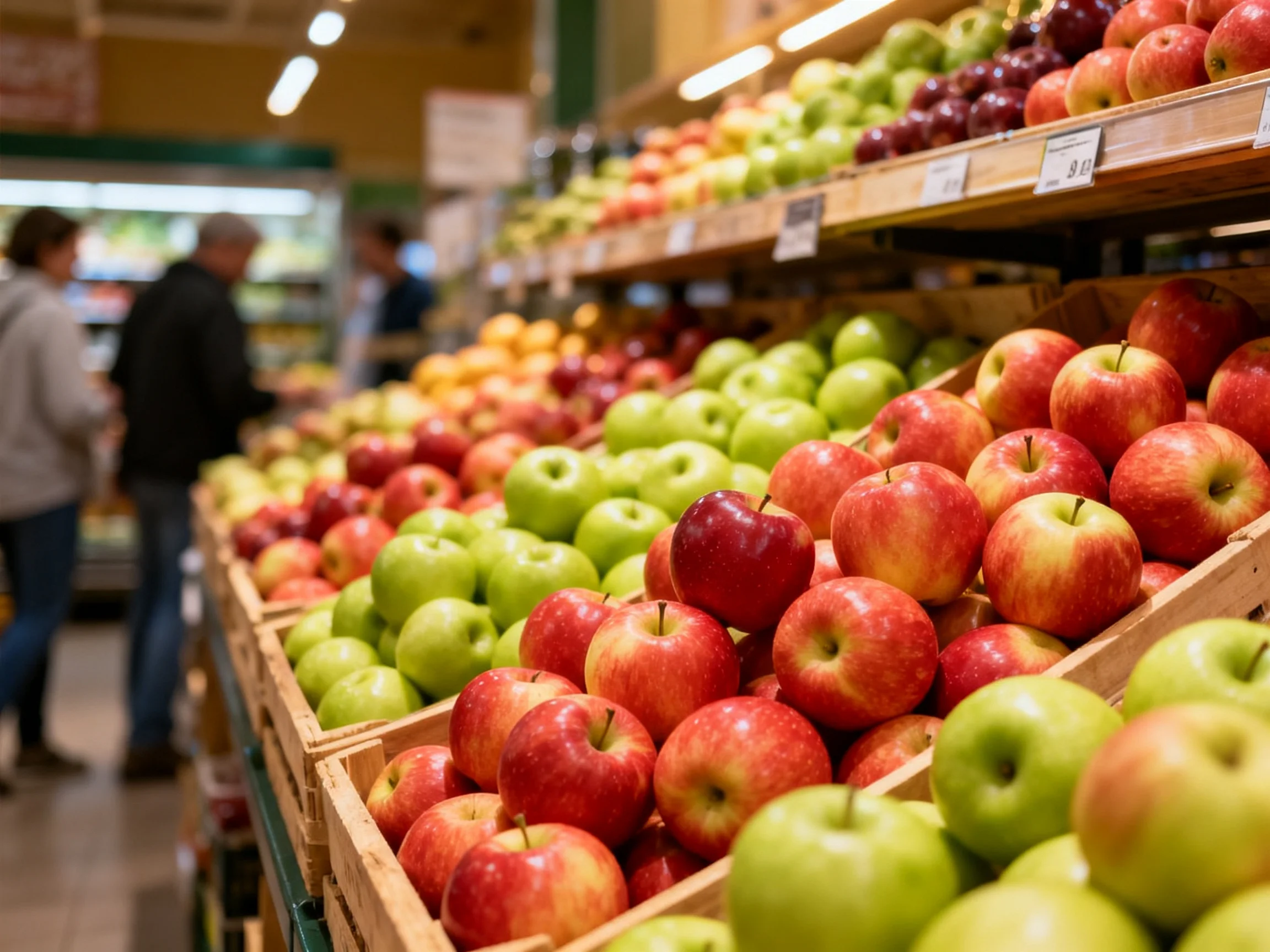 Colorful assorted apples displayed on supermarket shelves
