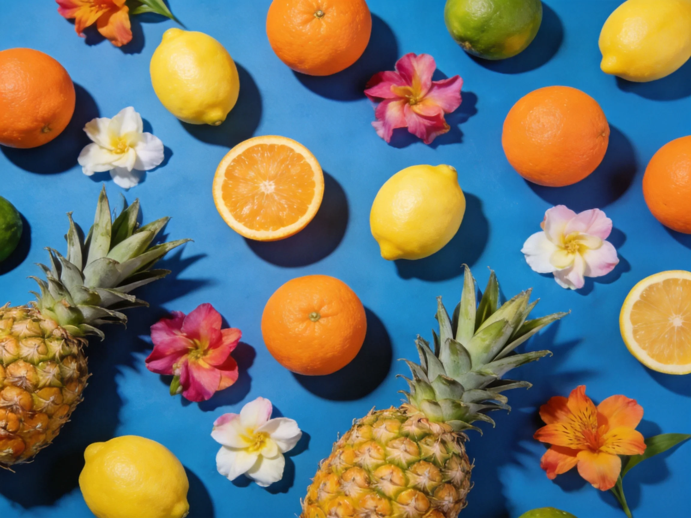 Colorful assortment of citrus fruits, pineapples, and flowers on a bright blue surface
