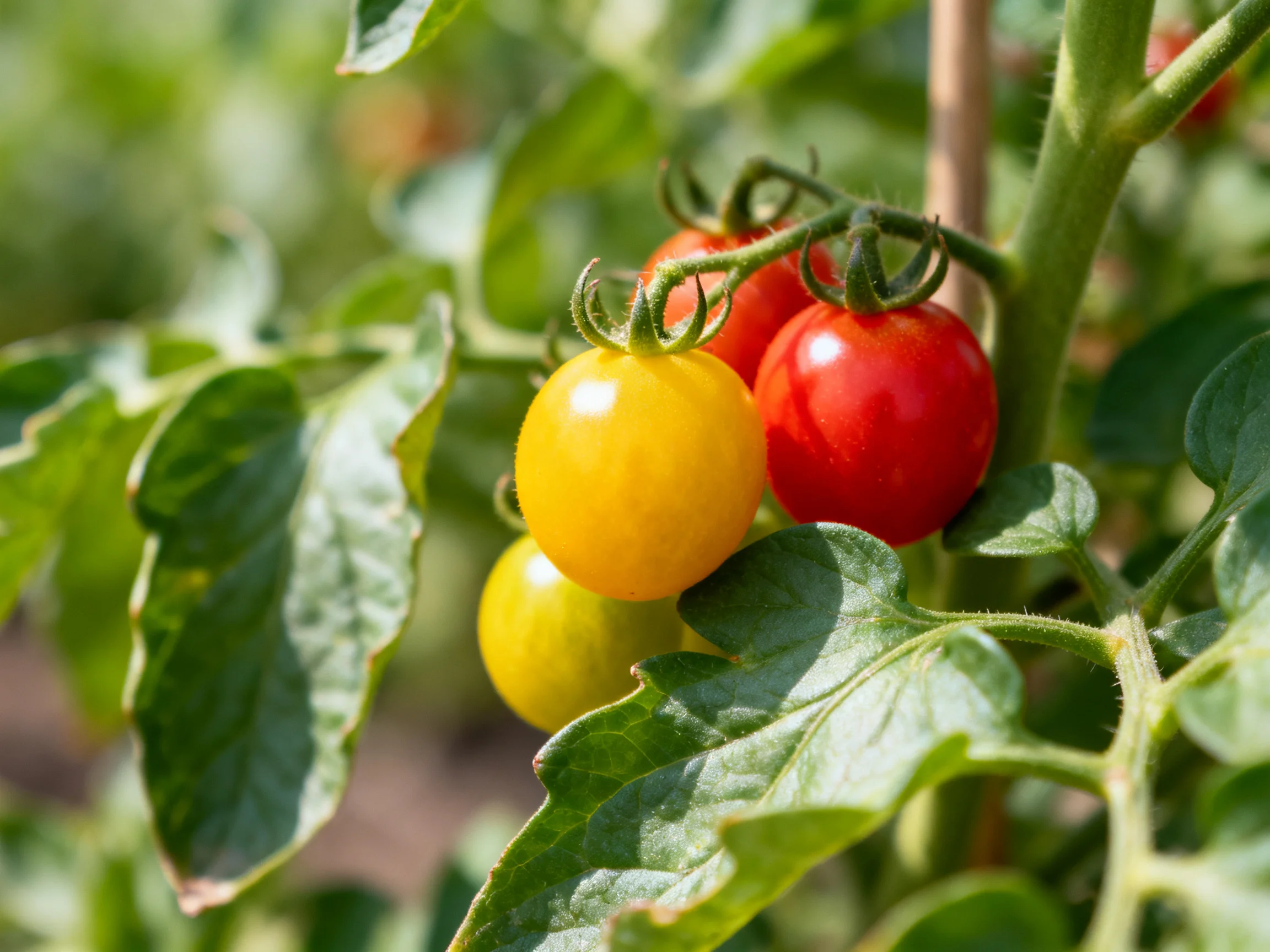 Colorful cherry tomatoes in red, yellow, and green on a leafy plant