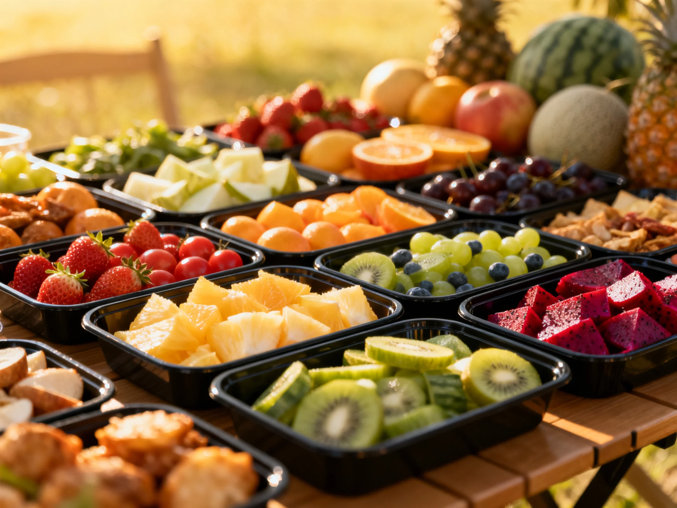 Colorful fresh fruits arranged in containers outdoors