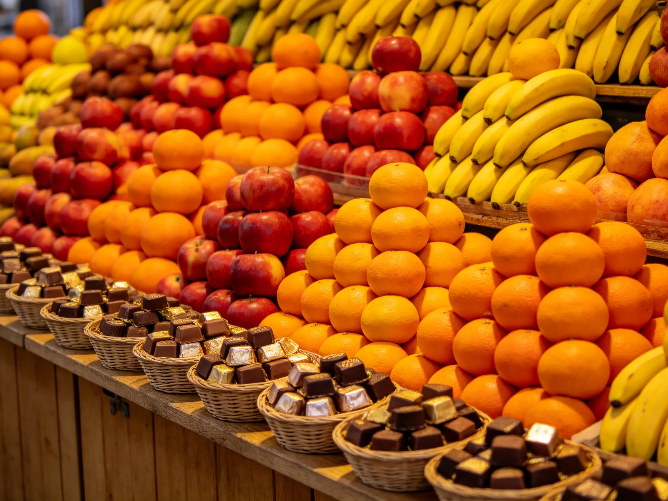 Colorful fruit and chocolate display with stacked produce