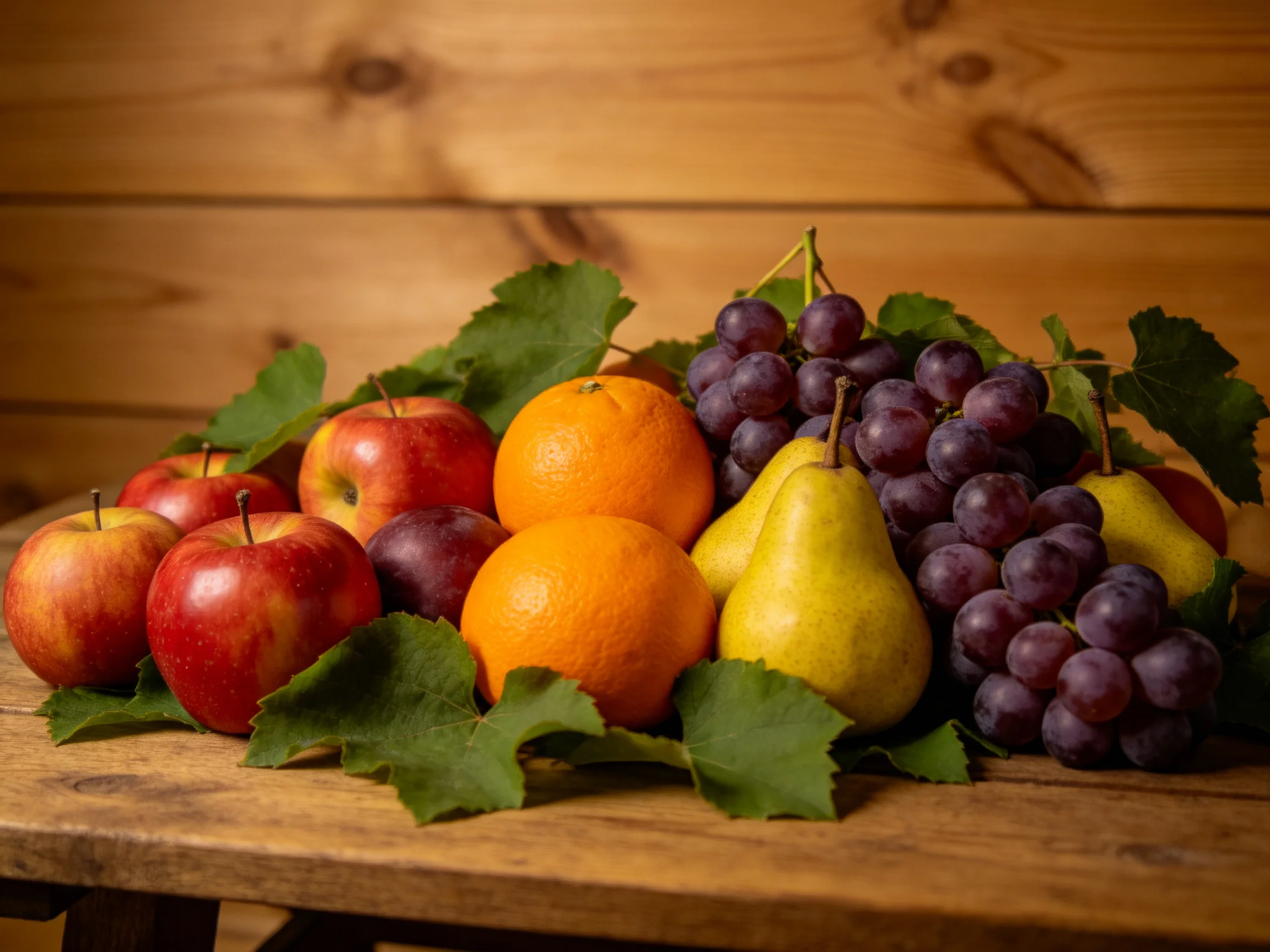 Colorful fruit assortment with red apples, orange citrus, purple grapes, and yellow pears on wood