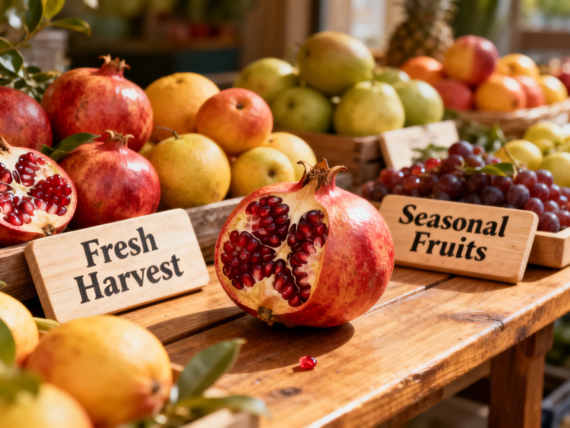 Colorful fruit display with vibrant pomegranates, apples, and wooden signs