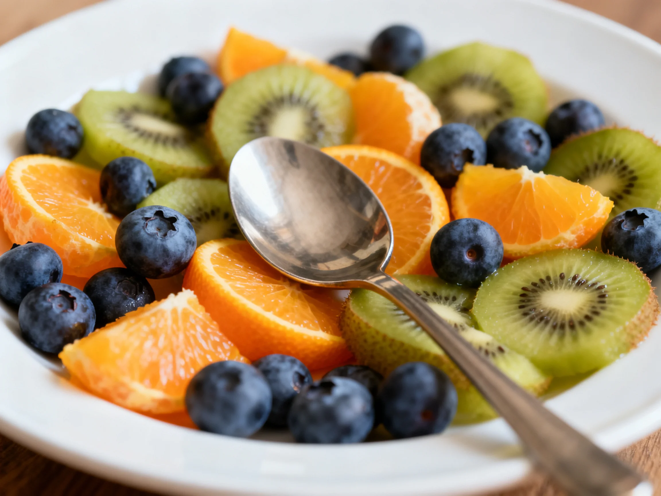 Colorful fruit salad with orange slices, kiwi halves, and blueberries