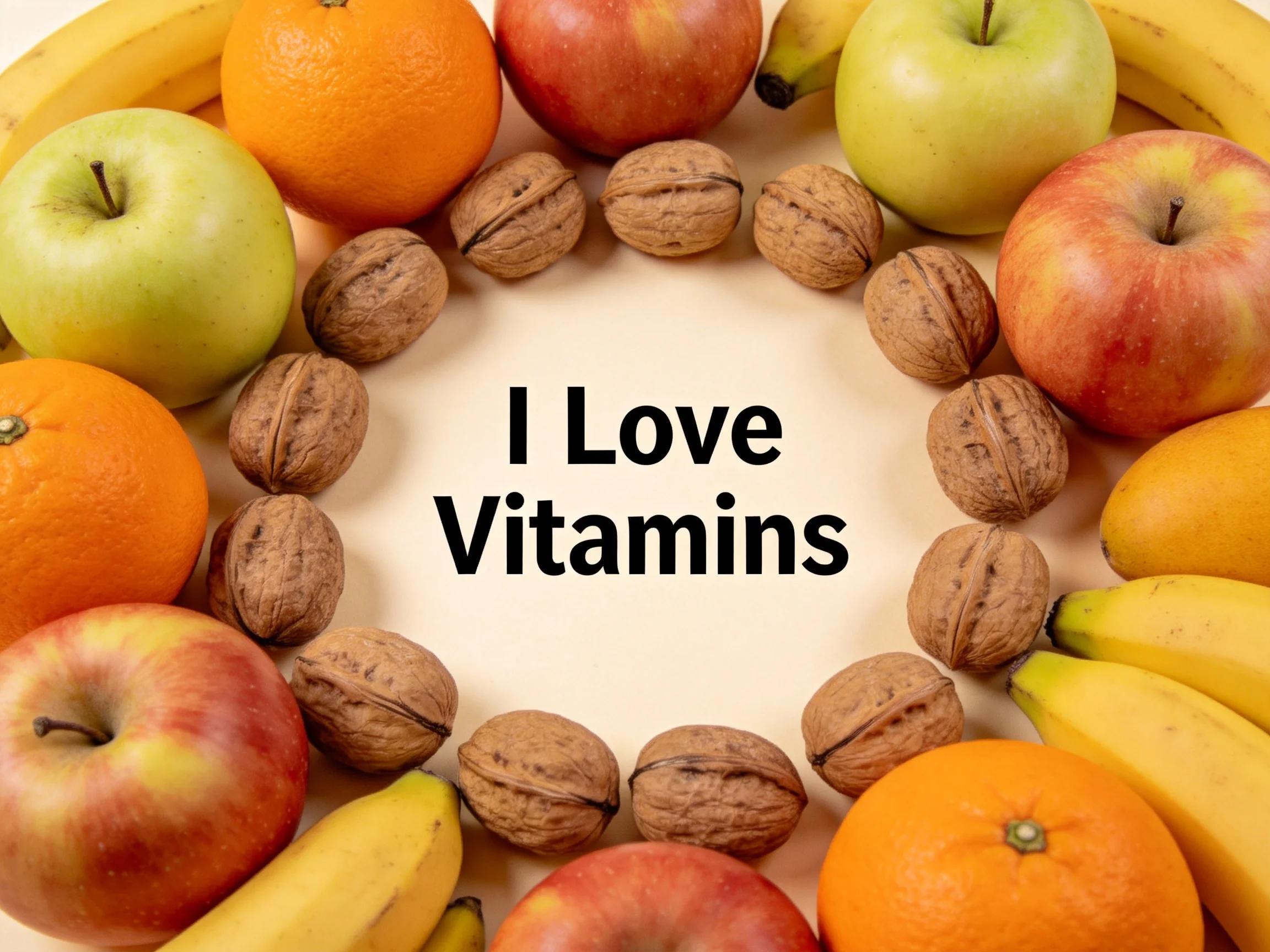 Colorful fruits and nuts surround I Love Vitamins central message