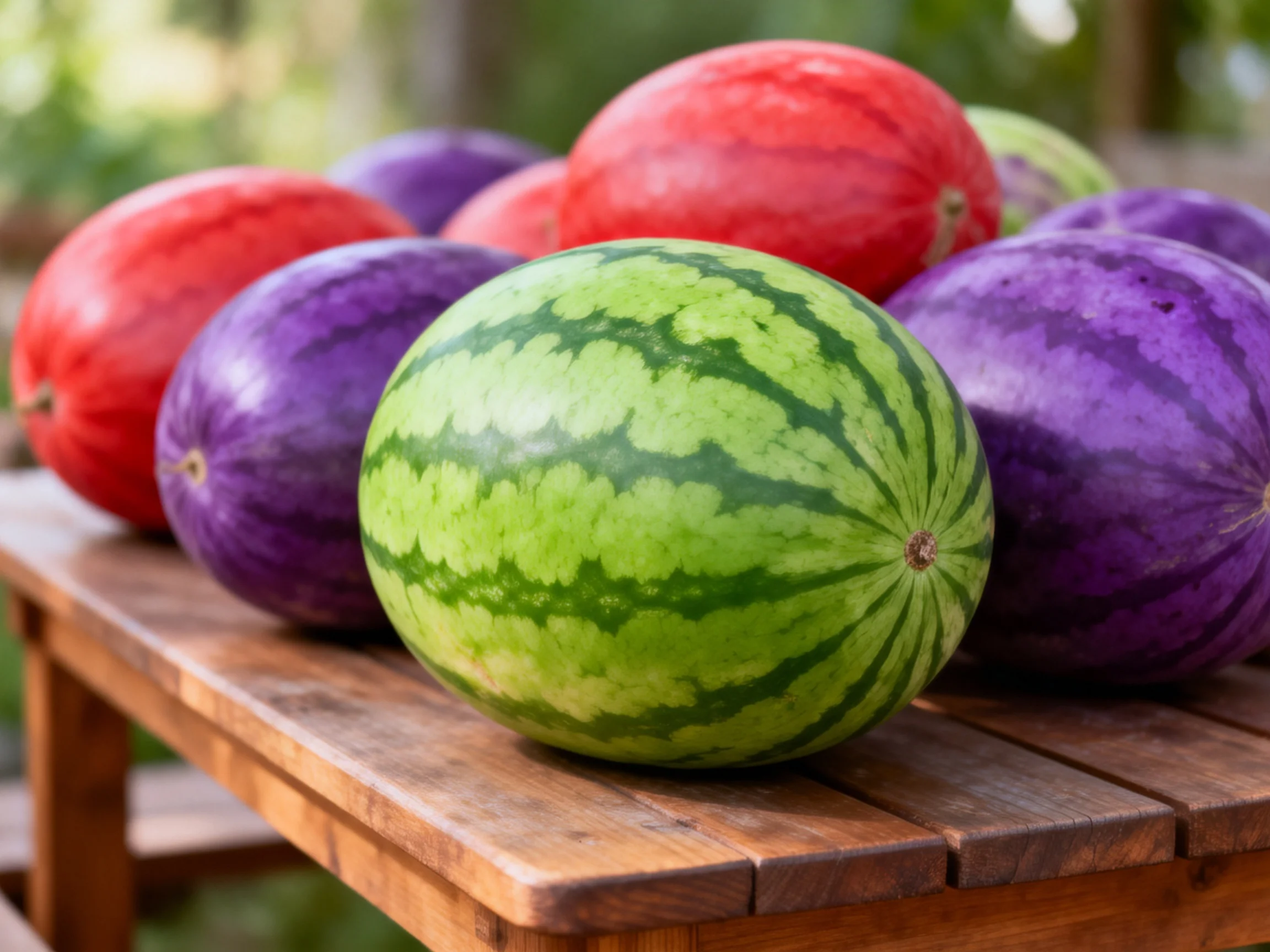 Colorful heirloom watermelons in green, purple, red on a wooden table