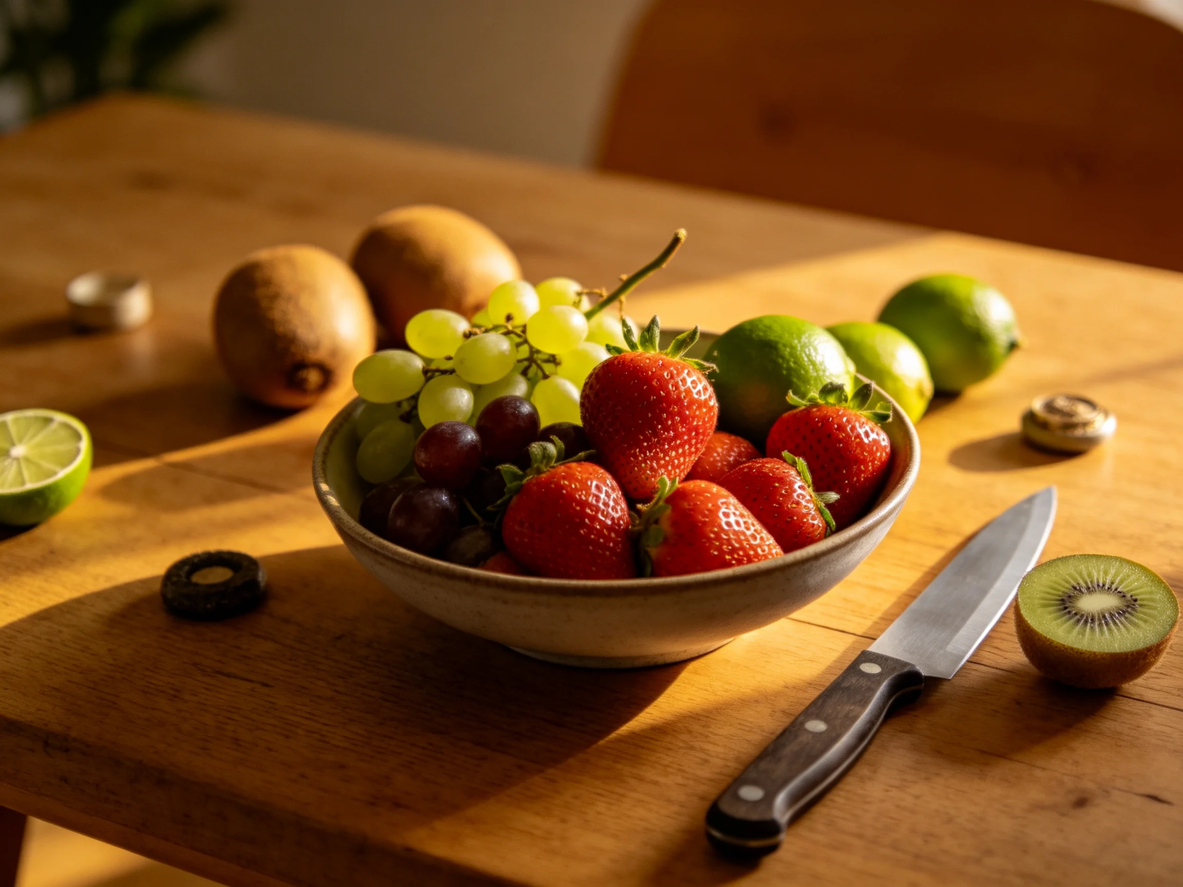 Colorful mixed fruits arranged in a bowl on a wooden table