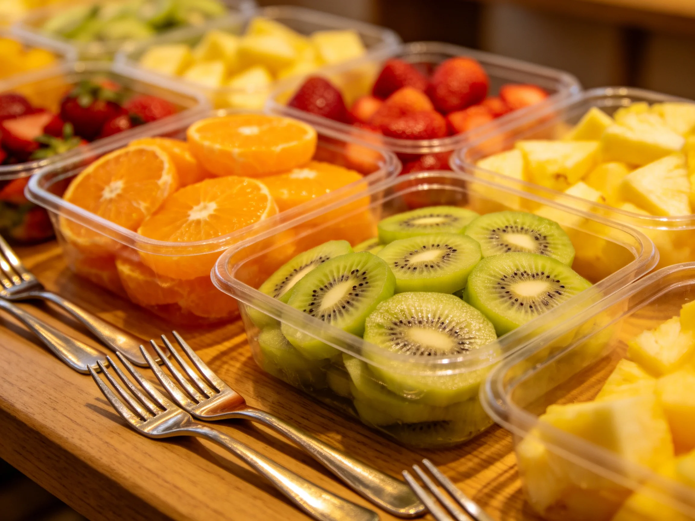 Colorful plastic containers hold assorted fresh fruits including oranges, kiwis, strawberries, and pi